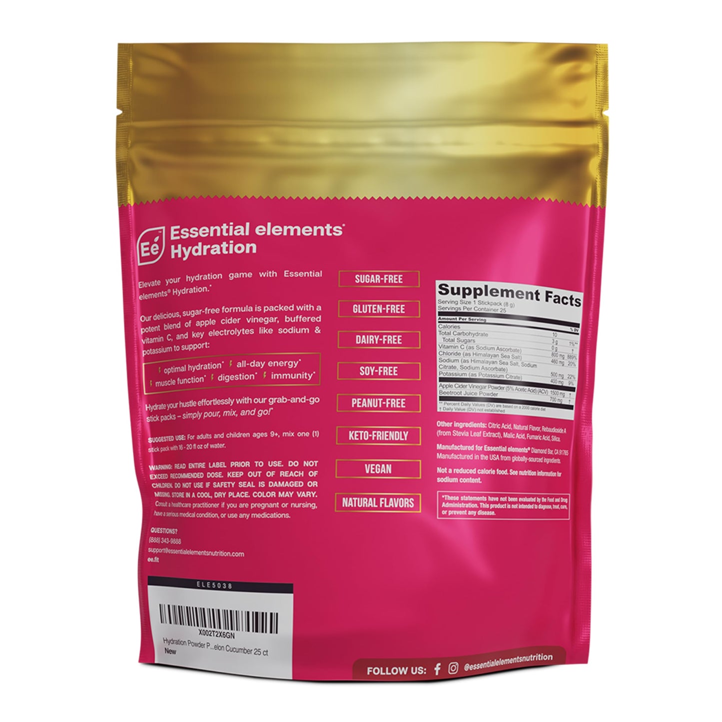 Essential Elements Hydration Packets - Watermelon Cucumber Pack - Sugar Free Electrolytes Powder Packets - 50 Stick Packs of Electrolytes Powder No Sugar - Hydration Drink - with ACV & Vitamin C