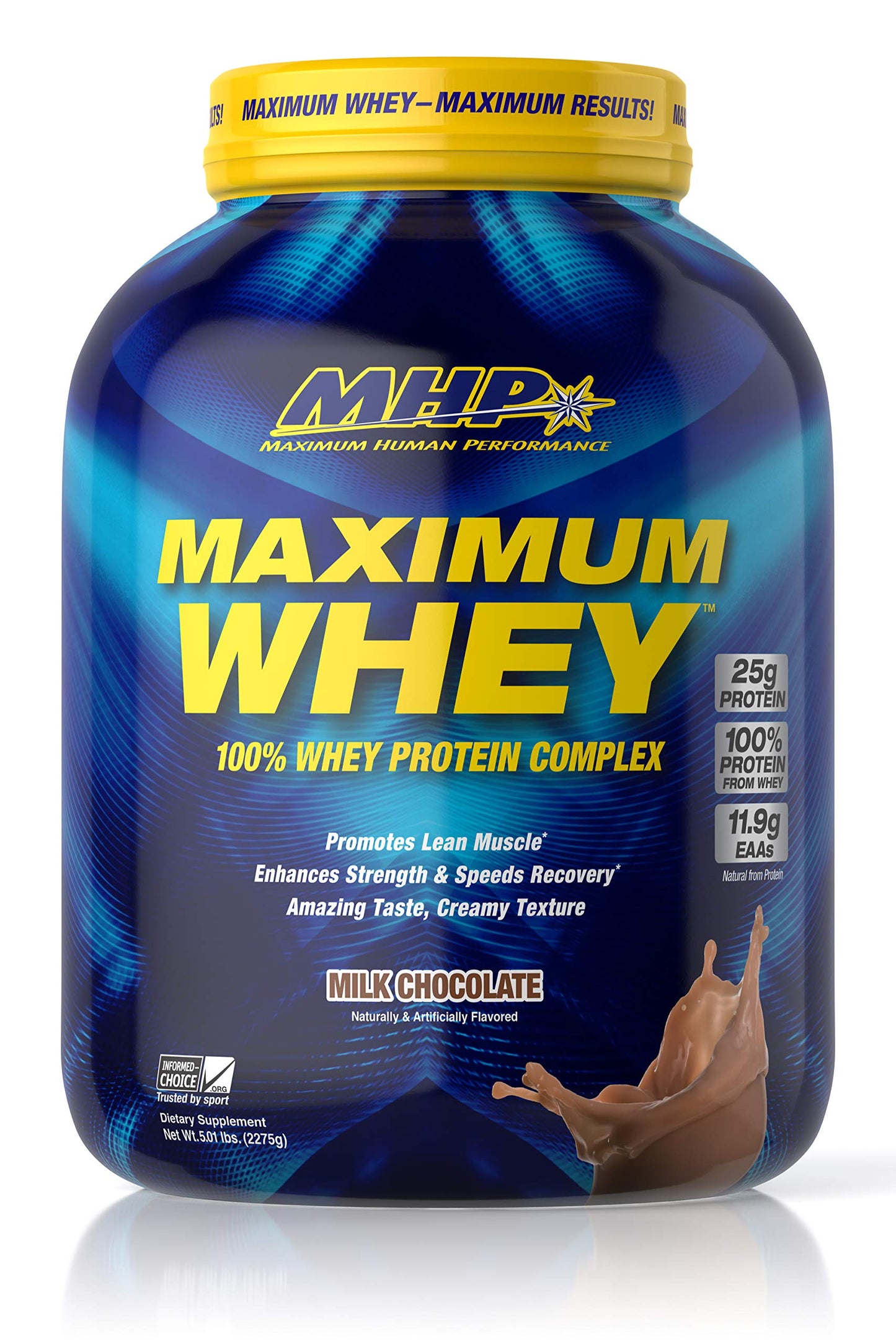 Maximum Human Performance Maximum Whey Protein, 25g Fast Acting Delicious Tasting Protein, Enhances Strength & Speeds Recovery, Milk Chocolate, 50 Servings, 5 Pound (Pack of 1)