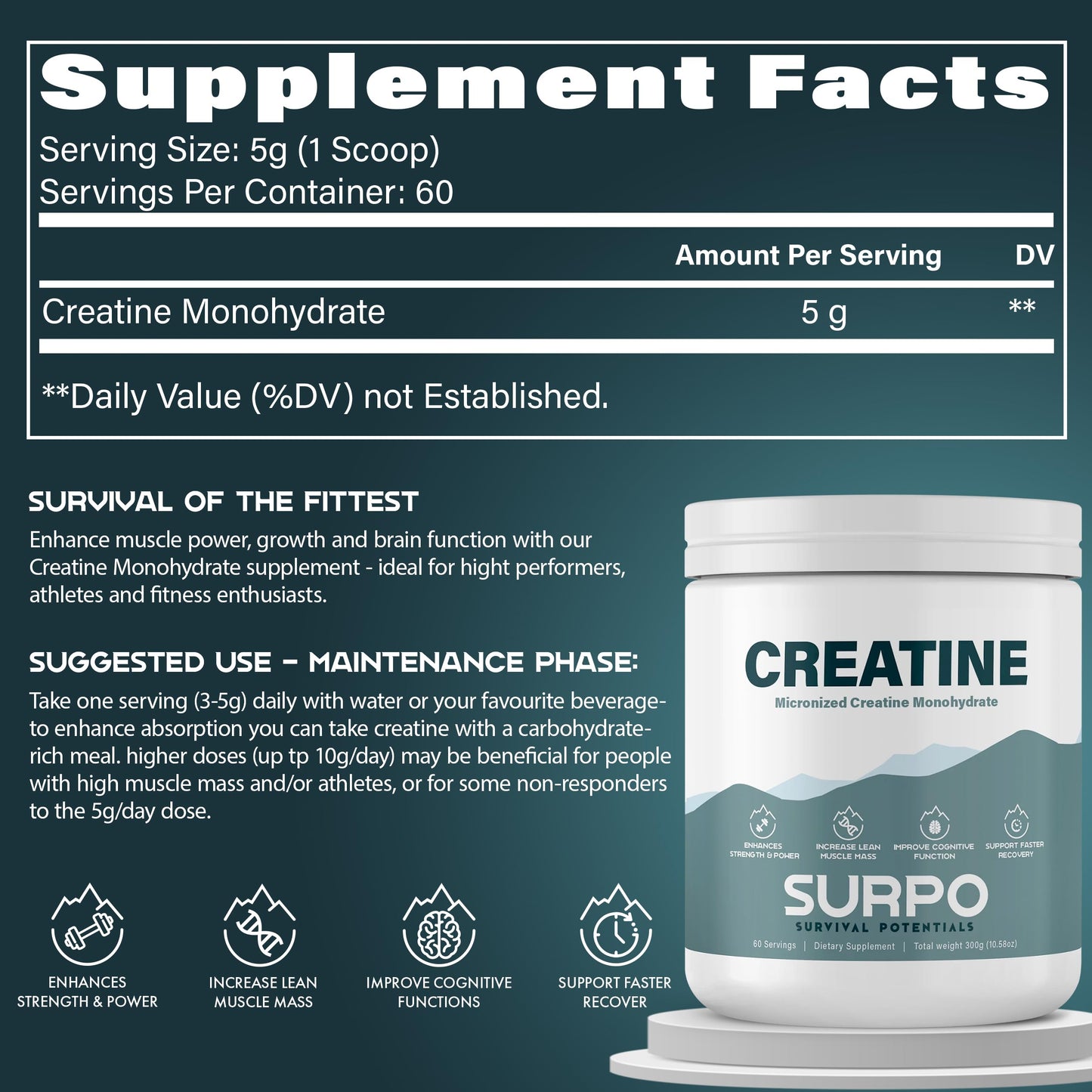 SURPO Micronized Creatine Monohydrate Powder - 300g, 60 Servings | Pure Creatine Powder | Unflavored | Gluten Free & Non GMO Workout Supplements for Men & Women | Ideal for Muscle Recovery & Growth