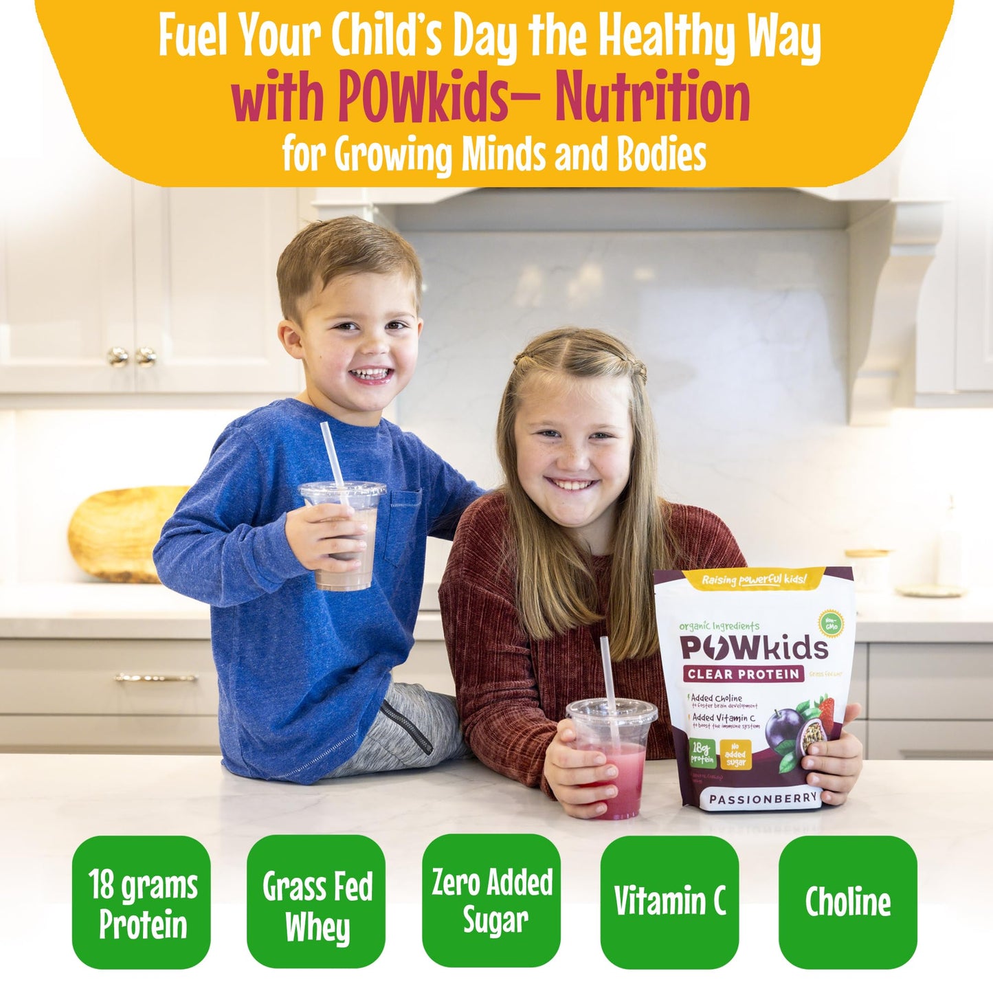 POWkids Passionberry Kids & Teens Protein Powder Shake | 18 gr Grass-Fed Whey, No Added Sugar, Organic Ingredients | Vitamin C & Choline for Immunity & Brain Development | 15-45 Servings