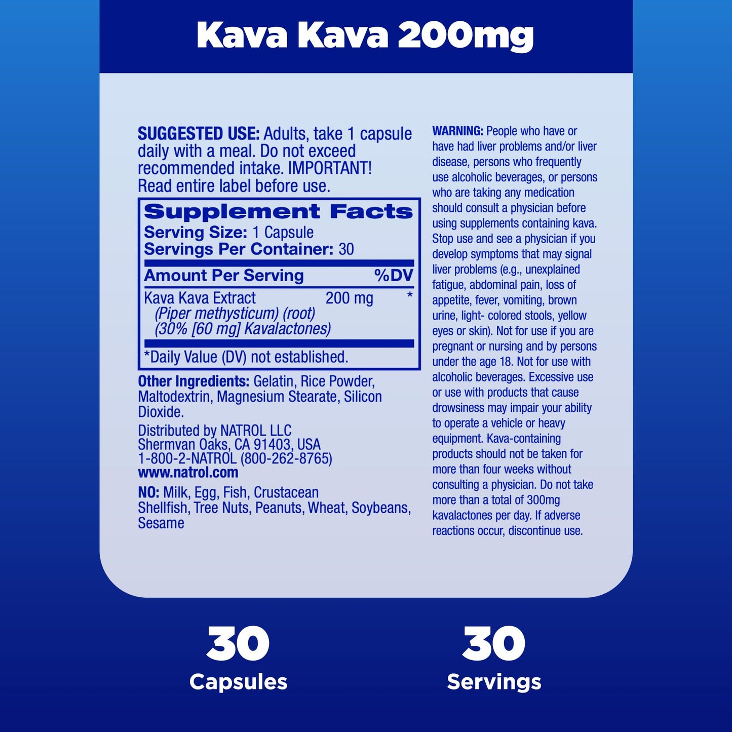 Natrol Mood & Stress Kava Kava 200mg, Dietary Supplement for Relaxation and Eases Tension, 30 Capsules, 15-30 Day Supply