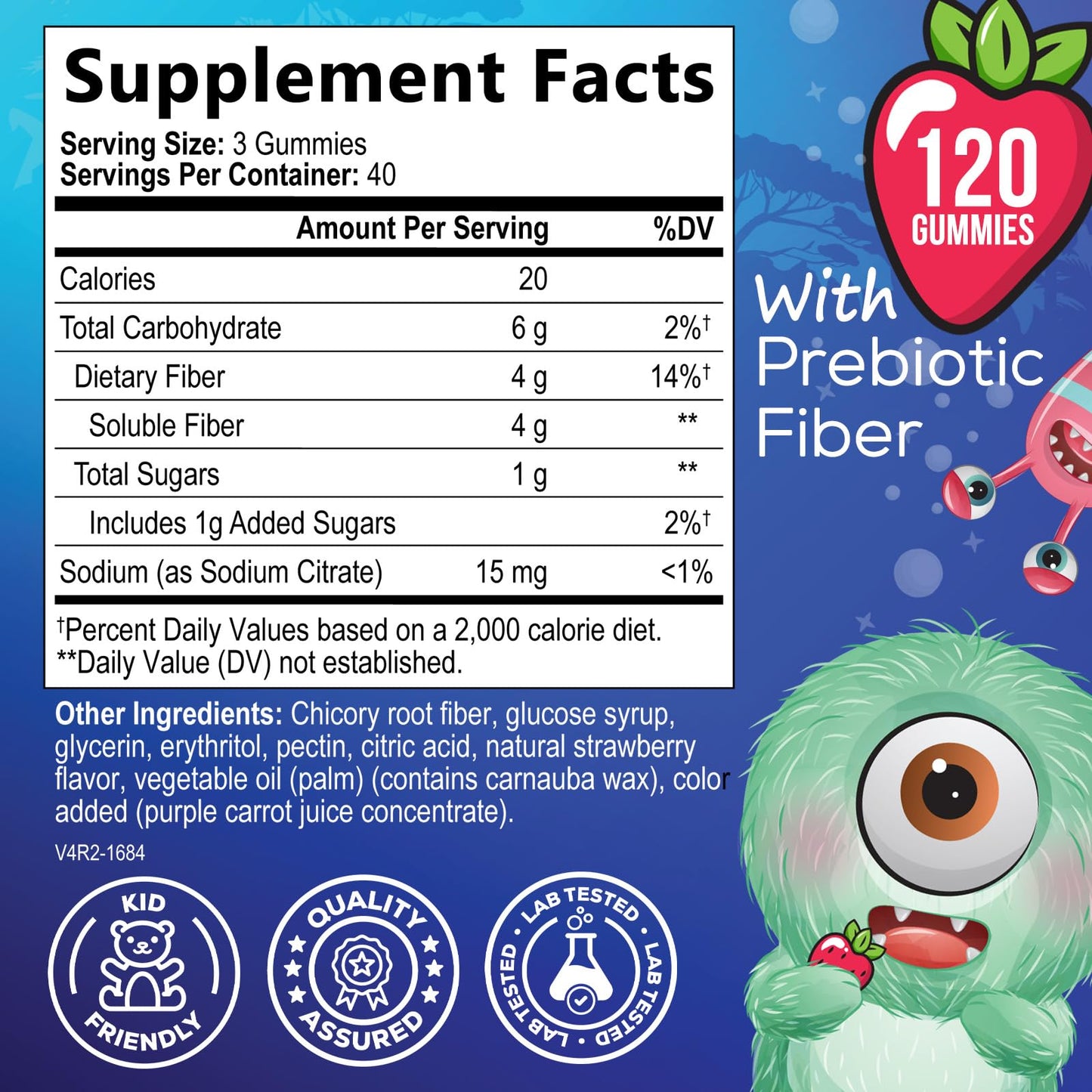 Fiber Gummies for Kids, Daily 4g Gummy Fiber Supplement, Prebiotic Digestive Health Support - Nature's Plant Based Soluble Fiber, Supports Regularity & Digestion for Kids Non-GMO - 120 Gummies