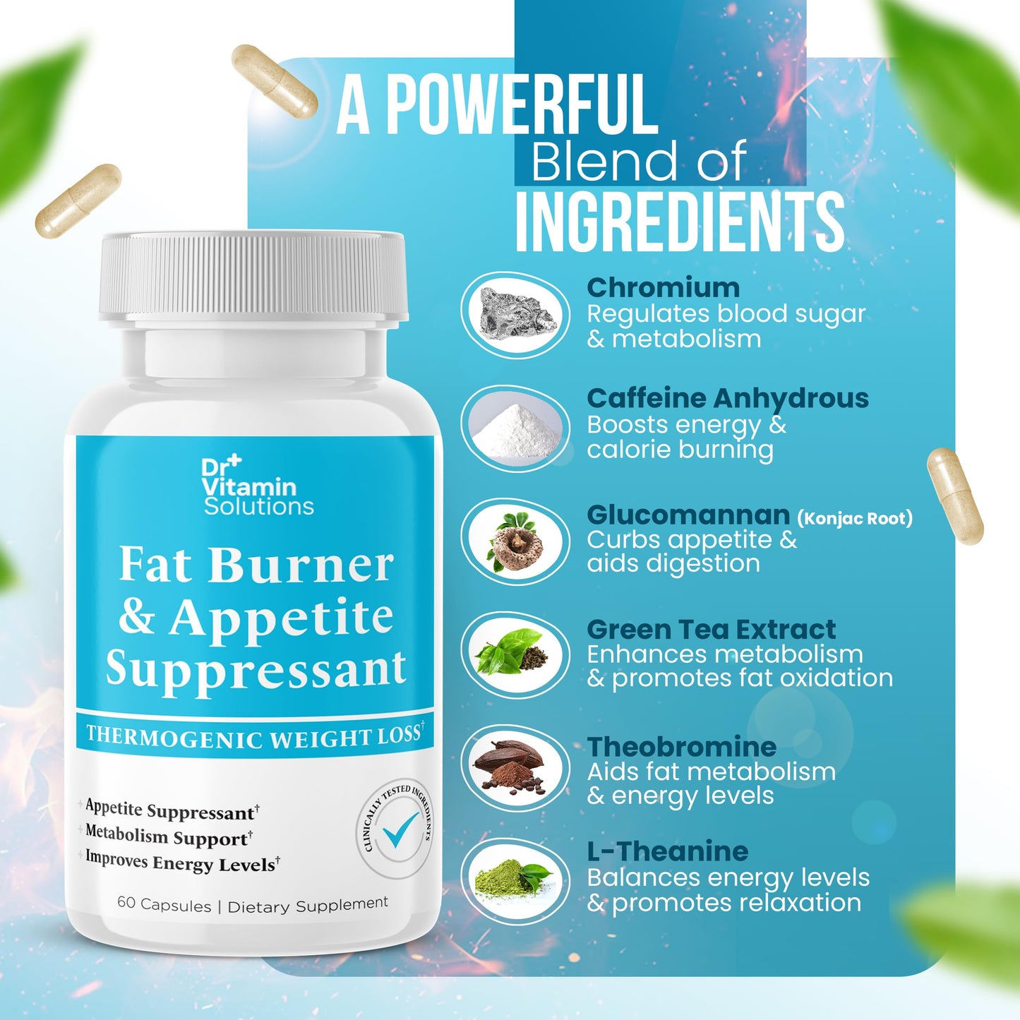 Dr Vitamin Fat Burner for Women & Men - Appetite Suppressant for Weight Loss - Pills w/ Metabolism Booster Thermogenic Weight Loss Supplement - Includes Chromium, Caffeine & Green Tea Extract - 60 Ct.