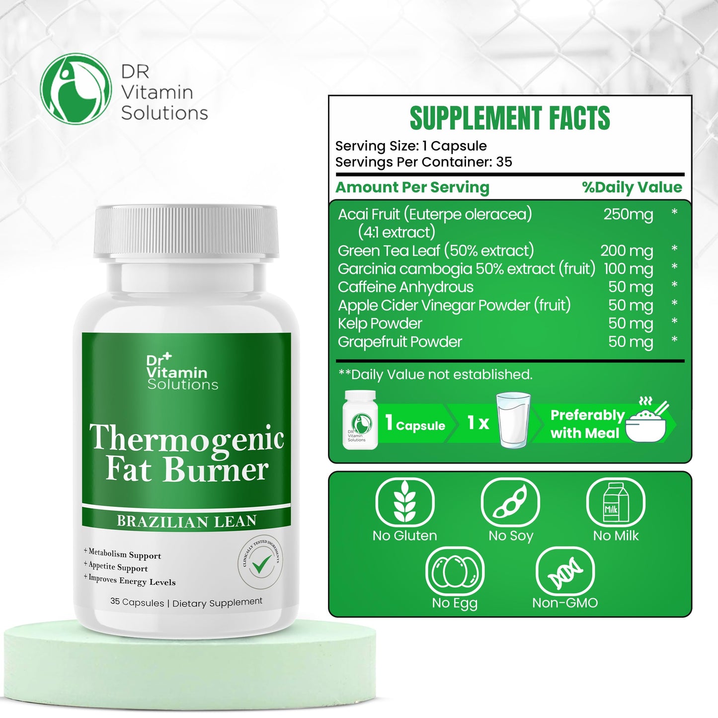 DR VITAMIN SOLUTIONS Thermogenic Fat Burner - Natural Appetite Control & Metabolic Booster with Green Tea & Bloat Defense (35 Capsules)