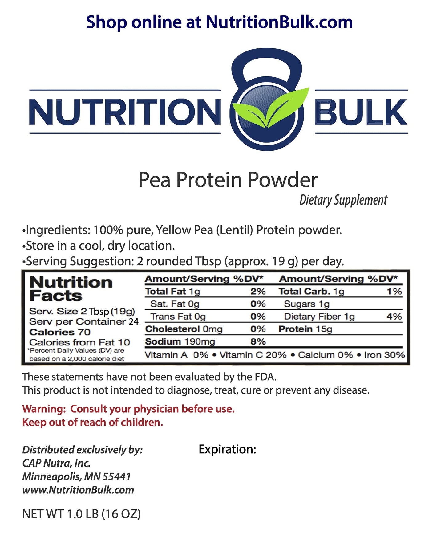 Pea Protein Powder - NutritionBulk.com, Isolate, Unflavored, Dairy-Free, Keto, Vegan, Gluten-Free, Non-GMO (1 lb)