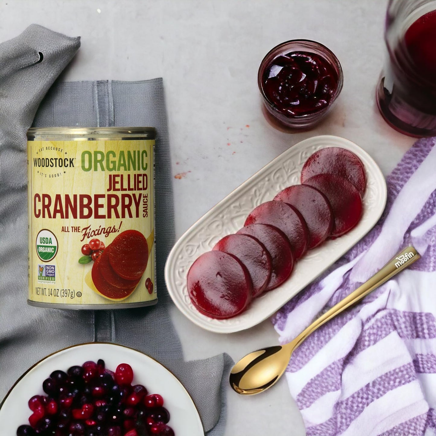 Woodstock Organic Jellied Cranberry Sauce 14 Oz Rich  Smooth Cranberry Jellied Sauce with Moofin Golden SS Spoon  Perfect for Festive Dinners Vibrant  Natural Flavor NonGMO Versatile Cranberr