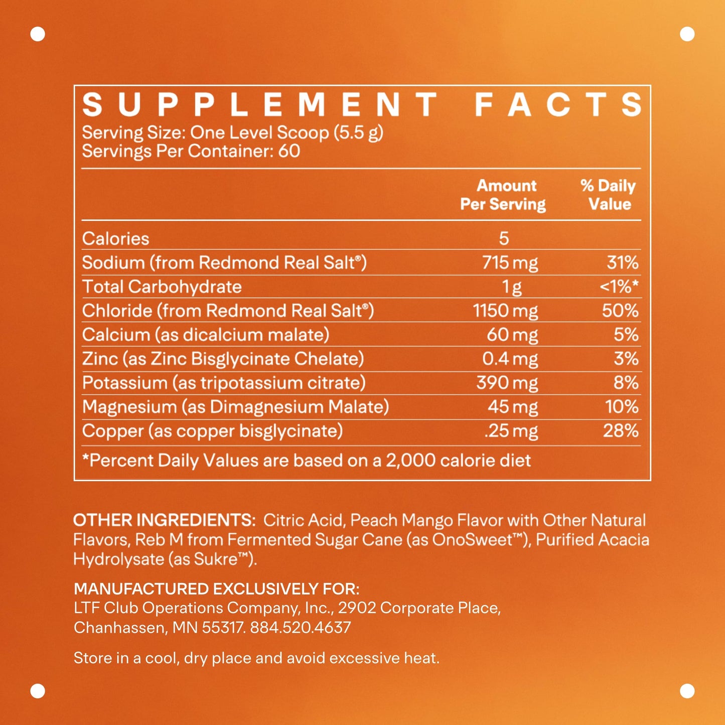 LTH Hydrate Hydration Mix - NSF Certified for Sport - Premium Electrolyte Powder - with Redmond Real Salt - Plant-Based, Non-GMO, Gluten Free & Dairy Free - 60 Servings (Peach Mango)