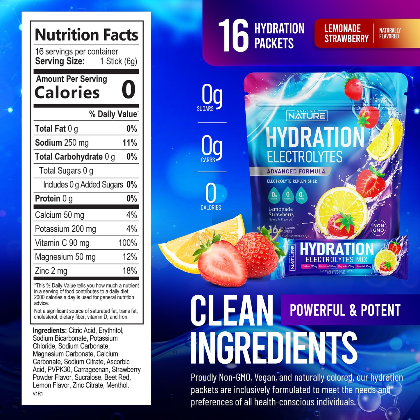 Electrolytes Powder Hydration Packets - Recovery Drink Mix with Sodium, Potassium, Magnesium, Calcium, Vitamin C & Zinc - Sugar Free, Keto, Non GMO & Vegan - Strawberry Lemonade - 16 Sticks