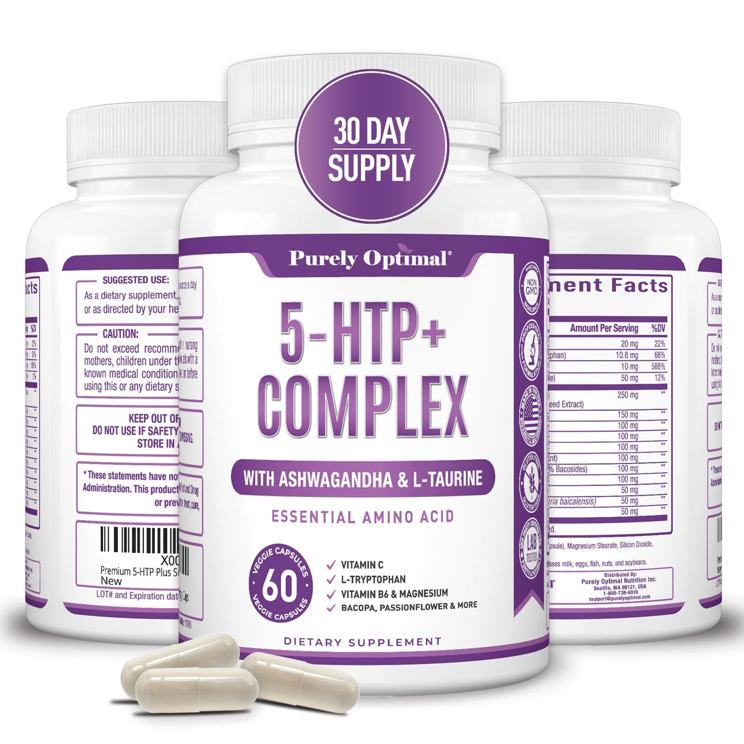 Premium 5-HTP Plus Supplement 250mg Maximum Strength - Sleep Aid, Mood Boost, Promotes Calm & Relaxation, Stress Management Support - Enhanced with Vitamin B6, Gluten Free, Non-GMO, 60 Veggie Caps