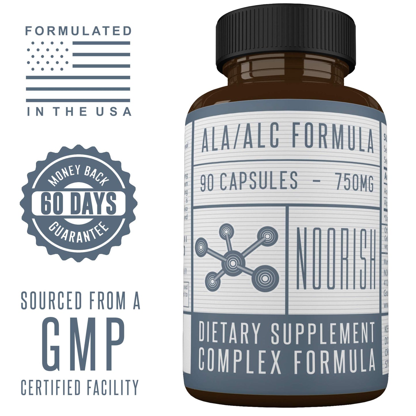 NOORISH Acetyl L-Carnitine with Alpha Lipoic Acid - ALA ALC ALCAR - Alpha Lipoic Acid with Acetyl L-Carnitine - 525 mg ALCAR - 225 mg ALA - 90 Capsules