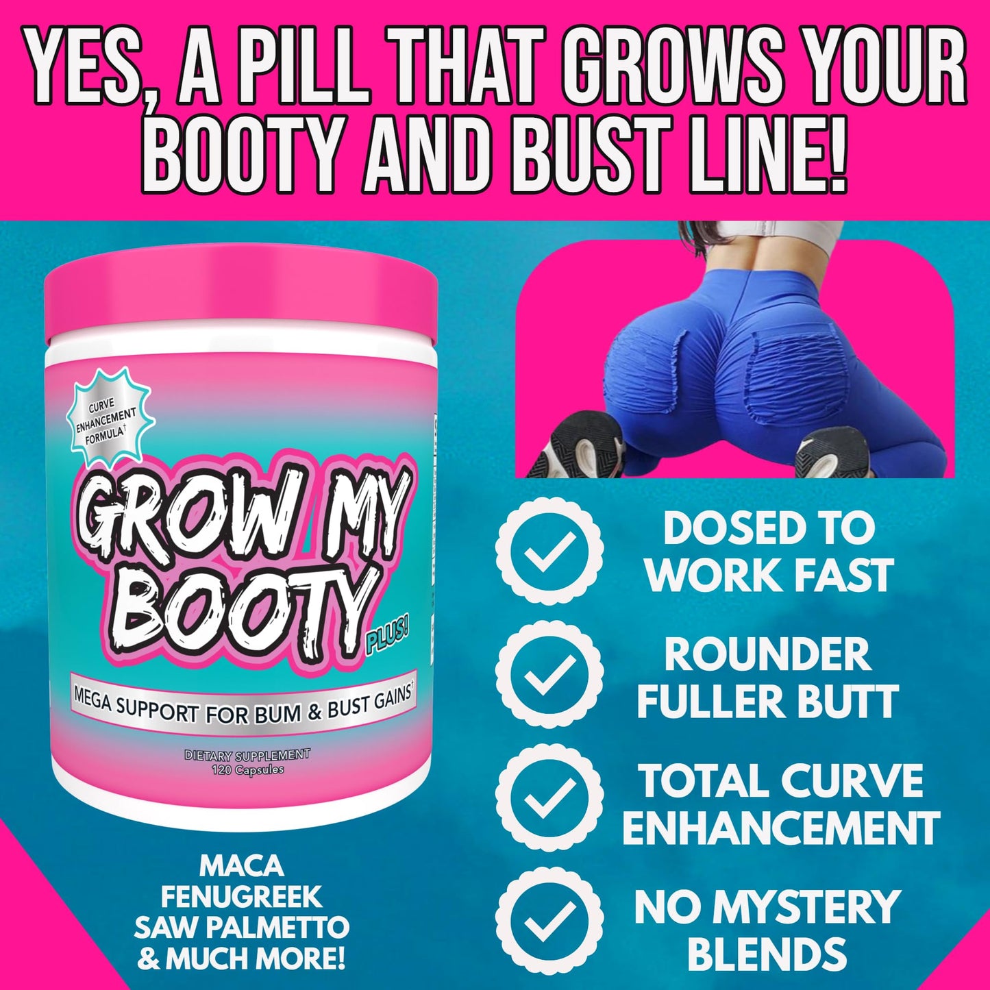 SPAZMATIC Grow My Booty Plus Butt Enhancement Booty Pills - Mega Booty and Bust Fast Growth Formula Glute Booster