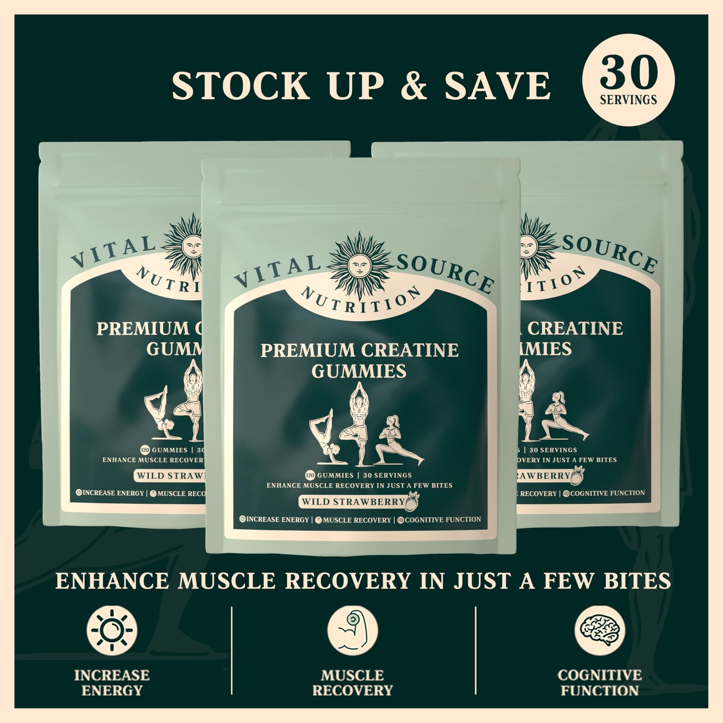 Vital Source Nutrition - Premium Creatine Gummies - Muscle Growth, Recovery & Energy Support - 5g Creatine Monohydrate - Vegan, Gluten-Free & Halal - Wild Strawberry - 120 Gummies - 30 Servings