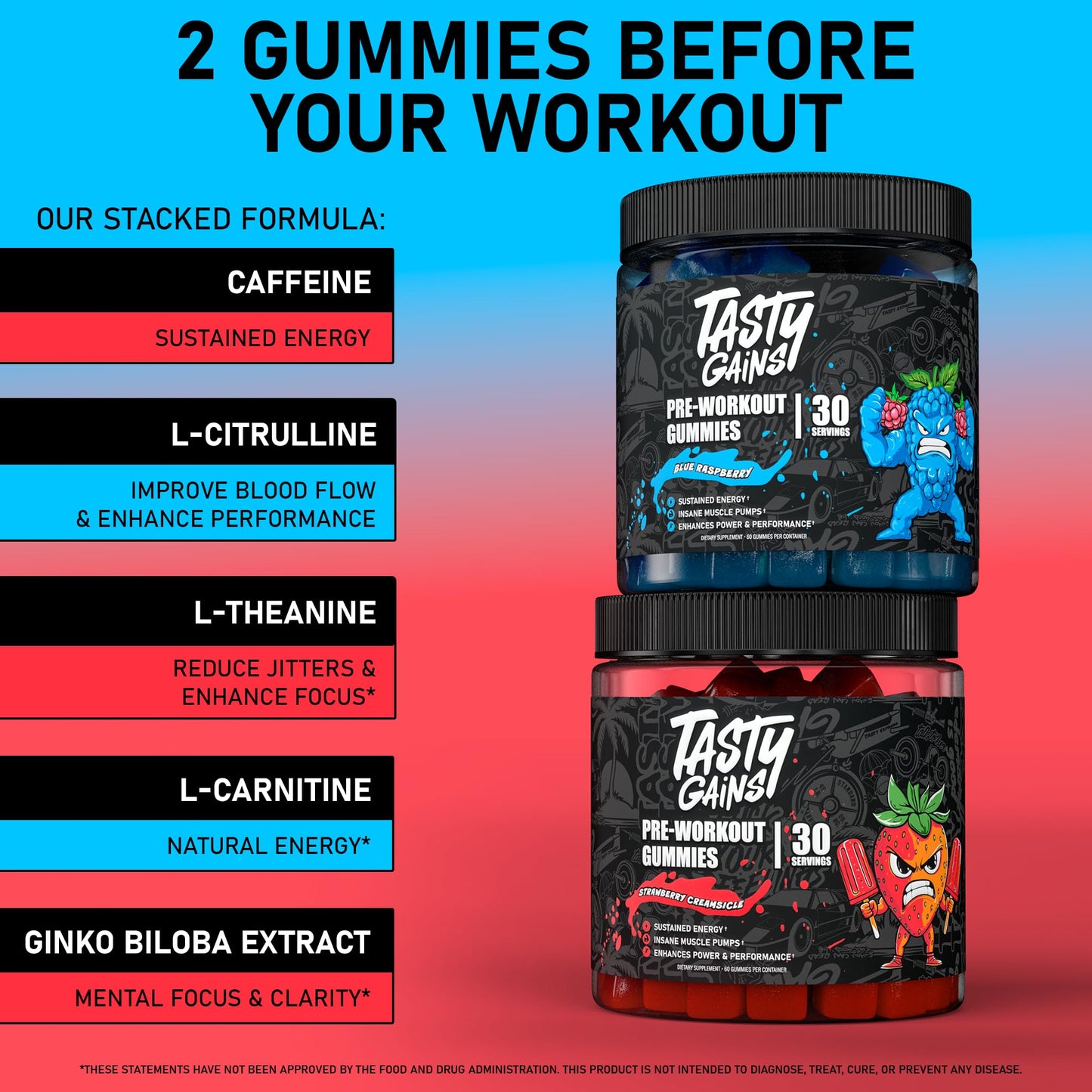 TASTY GAINS - Pre-Workout Gummies - Energy & Focus Boost, Caffeine Gummies for Men & Women, 400mg of Caffeine, Fat-Burning Preworkout for Strength & Endurance, Strawberry Creamsicle Flavor, 60 Count