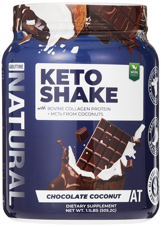 About Time Keto Shake with Bovine Collagen Protein + MCTs from Coconuts - 19g Fat, 11g Protein, 5g Net Carbs - Chocolate Coconut, 1lb Jar