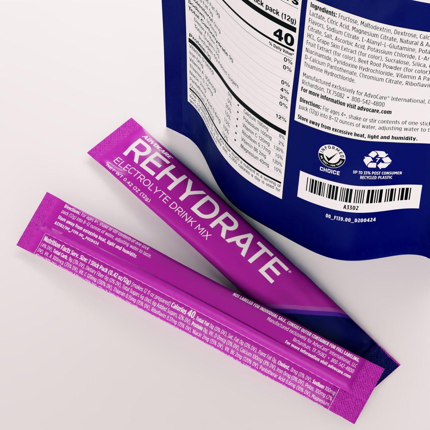 AdvoCare Rehydrate Electrolyte Drink Mix - Electrolytes Powder Packets - Drink Mix Packets - Essential Amino Acids Supplement - Powdered Drink Mix for Water - Grape - 15 Hydration Packets