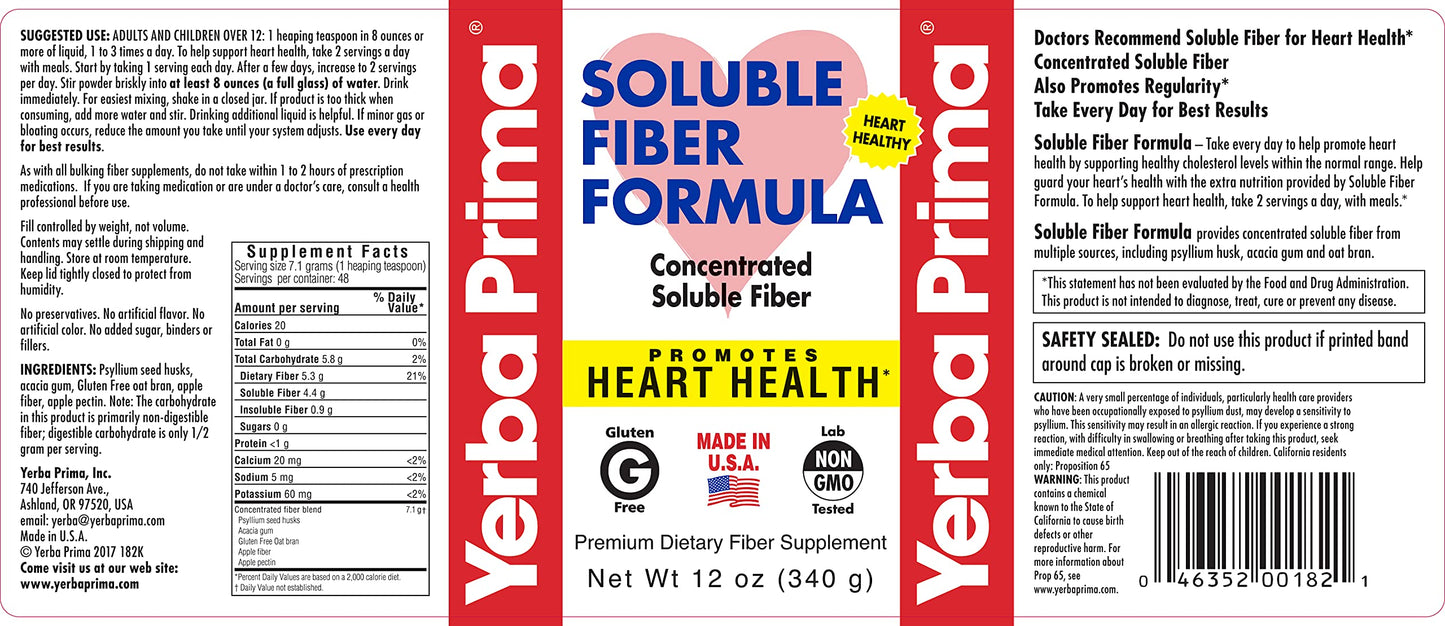 Yerba Prima Soluble Fiber Formula Powder, 12 Ounce - Premium Dietary Fiber Supplement, Natural, Concentrated Soluble Fiber, Gluten Free, Non-GMO, Made in USA