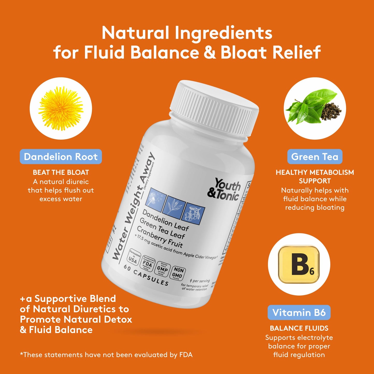 Youth & Tonic Natural Water Weight Away - Herbal Diuretic Pills for Bloating, Water Retention & Swelling Support for Women & Men - 60 Caps with Dandelion, Potassium, Green Tea & Apple Cider Vinegar