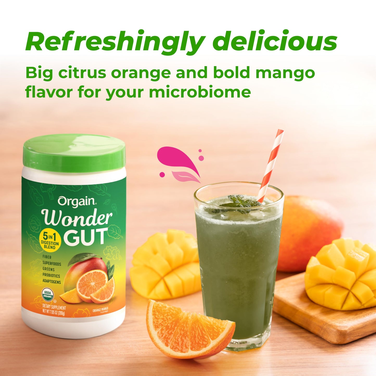 Orgain Organic Wonder Gut Fiber Supplement Powder, 5 in 1 Blend with 1 Billion Probiotics, Greens, Vitamin C, Adaptogens for Gut Health and Immune Support, Non-GMO, Orange Mango, 7.05 oz