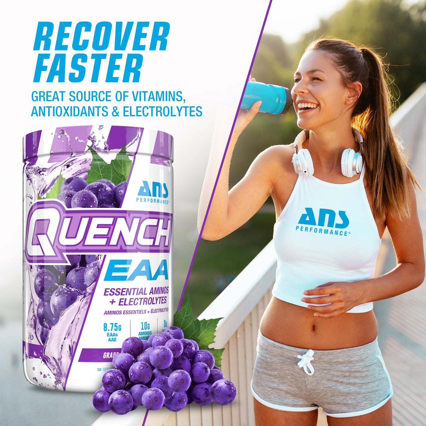 Quench EAA Aminos + Electrolytes - Complete Blend of 9 EAAs - 10g Total Amino Acids - Vitamins, Antioxidants, Electrolytes - Zero Sugar, Carbs, Calories (Grape Blast)