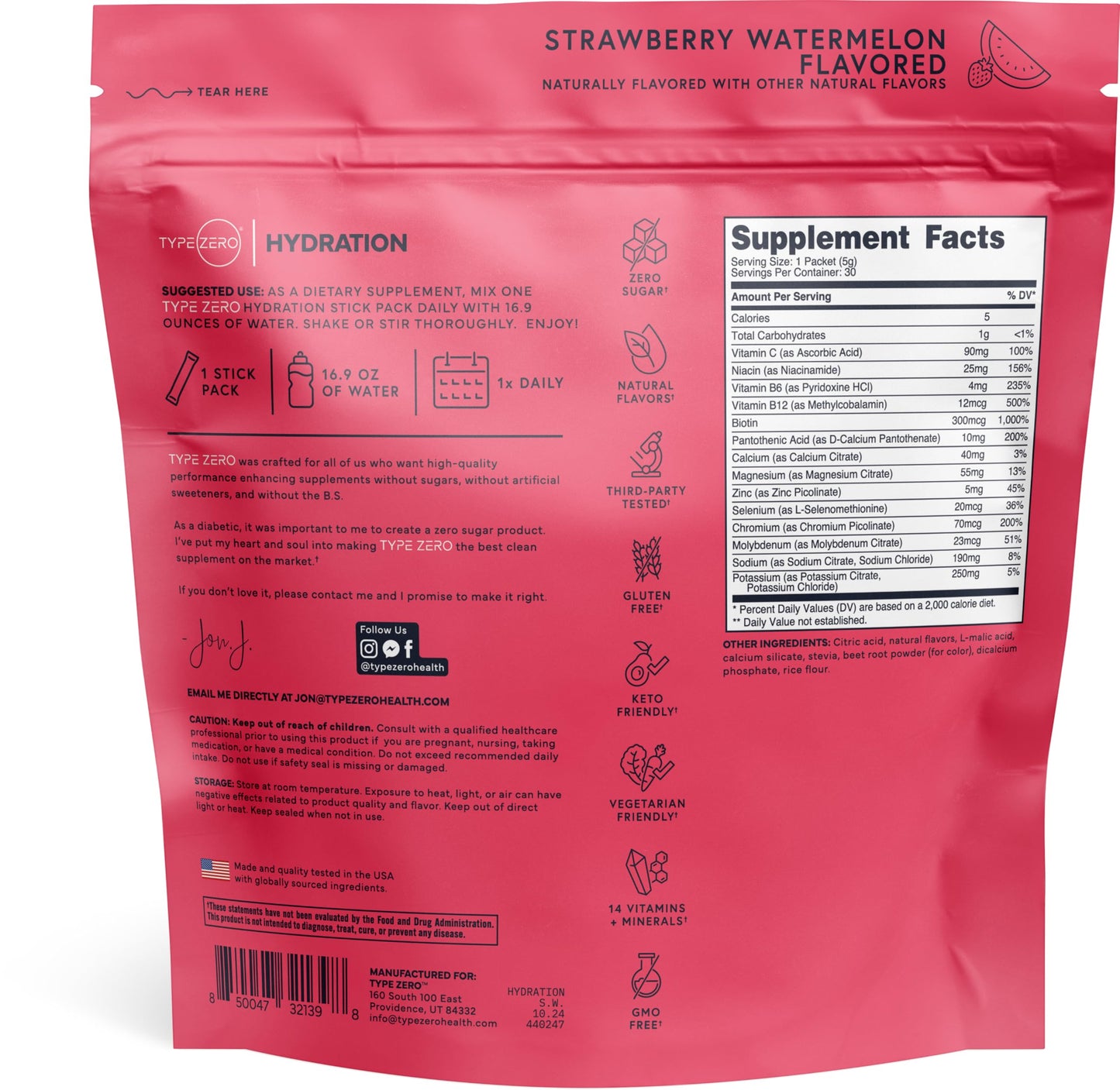 Type Zero Clean Hydration + Electrolytes Drink Mix (30 Single-Serving Packets) - Advanced Hydration for Any Occasion (Strawberry Watermelon)