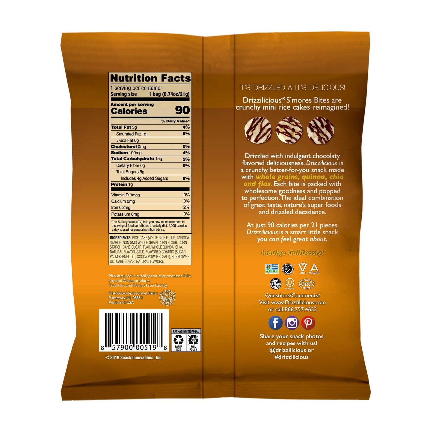 Drizzilicious Smores 10 Pack  Mini Snack Chocolatey Rice Cakes  Vegan Air Popped Chia Quinoa Flax Smore Snacks