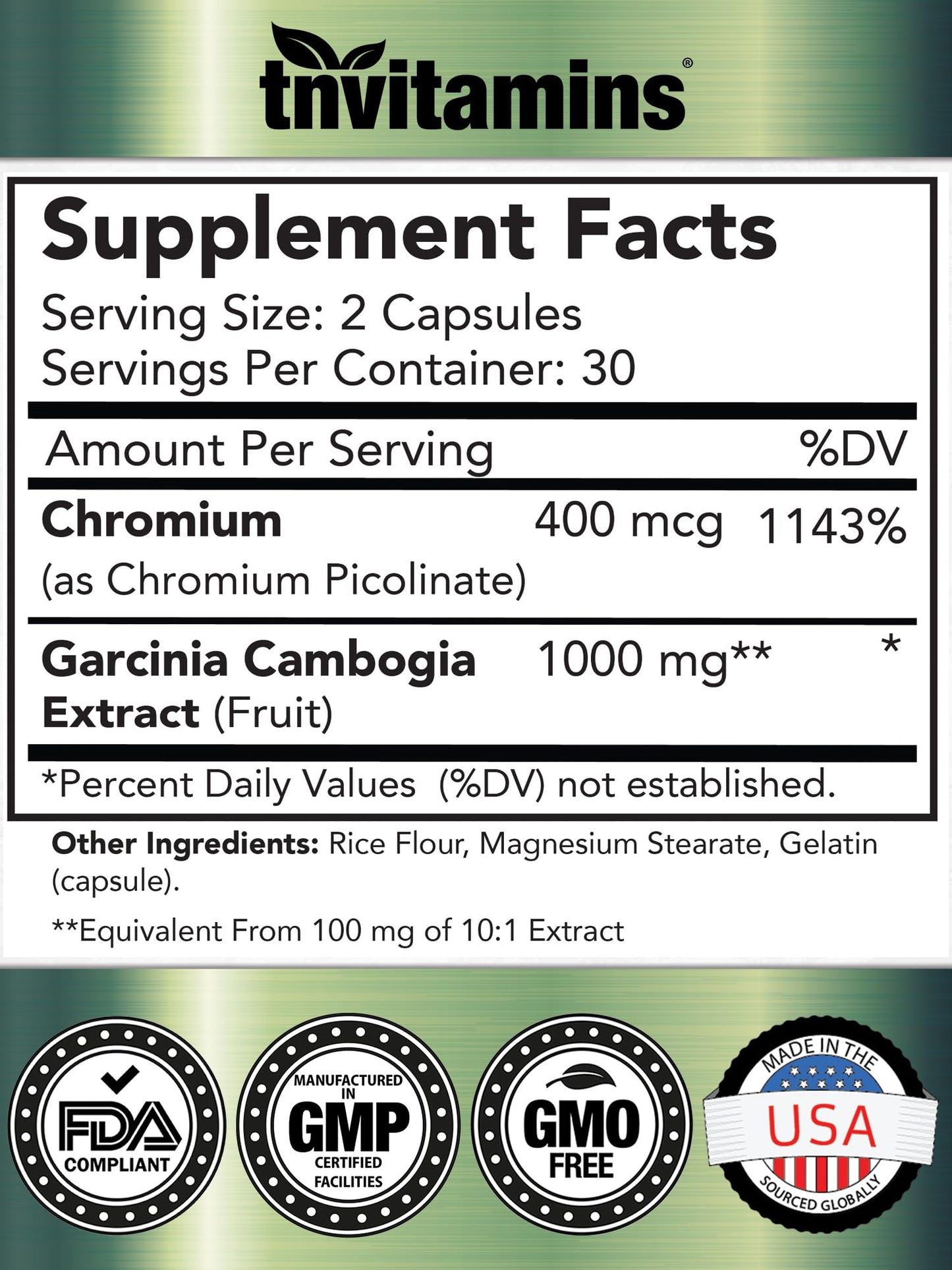 tnvitamins Garcinia Cambogia Extract Capsules (1000 MG x 60 Pills) with Chromium | Weight Loss Pills for Women & Men* | Appetite Suppressant for Weight Loss