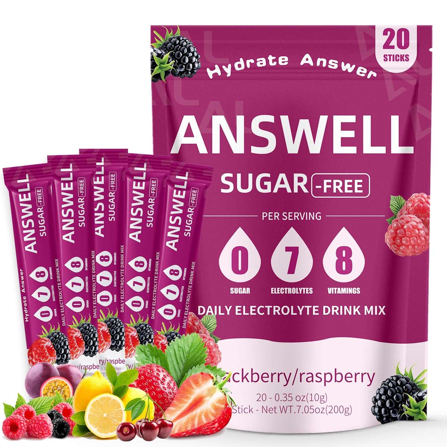 ANSWELL Electrolytes Powder Packets Sugar Free - Liquid Daily IV Drink Mix for Rapid Hydration & Party Recovery | 6 Vitamins & 7 Electrolytes | 20 Sticks | (20 Count (Pack of 1), V5-Berry)
