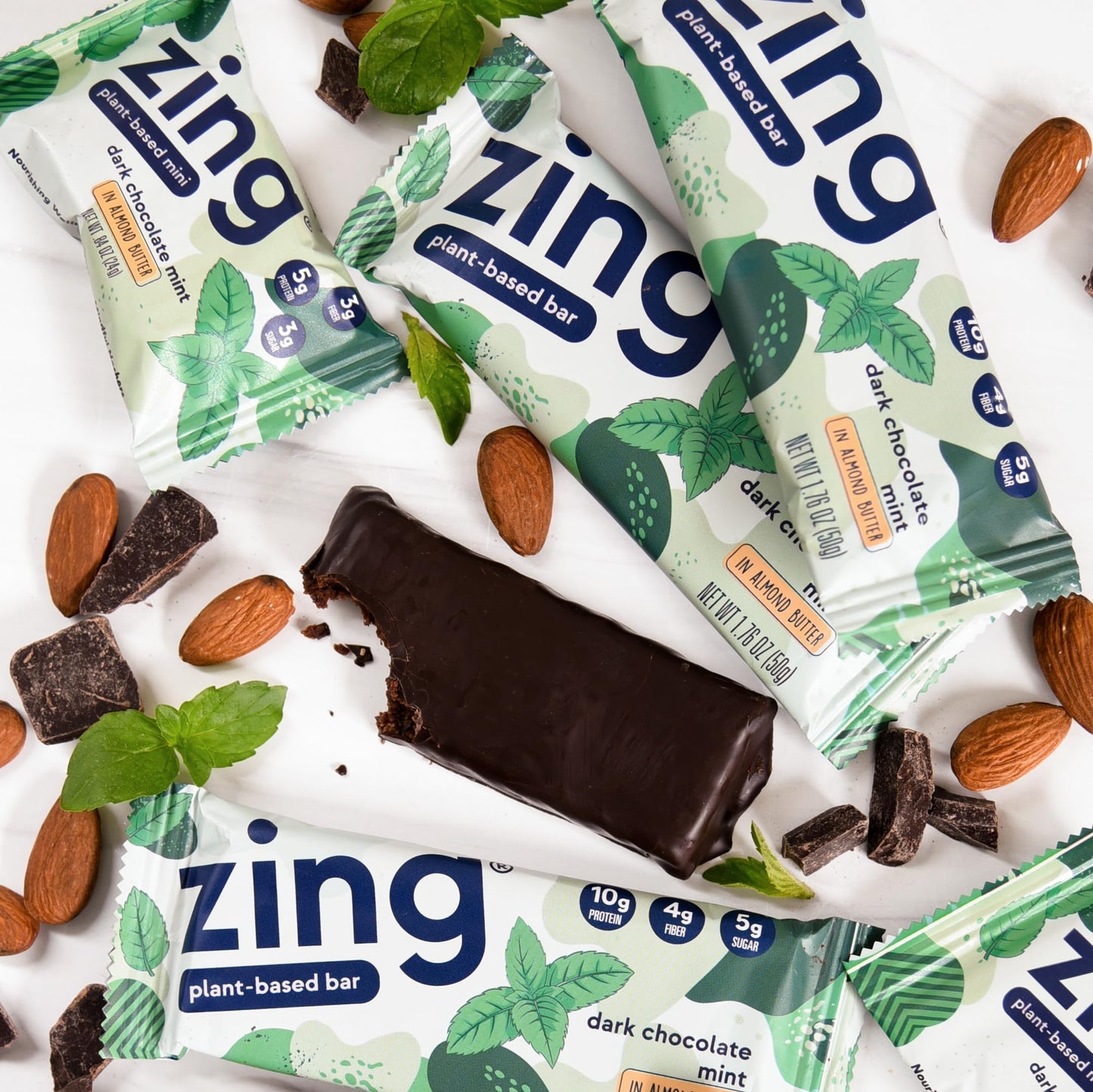 Zing Dark Chocolate Mint Vegan Protein Bars, Gluten Free with High Protein, High Fiber, Dairy Free Nutrition Bars, Plant Based Protein, Kosher, Low Sugar, No Sugar Alcohols - 12 count