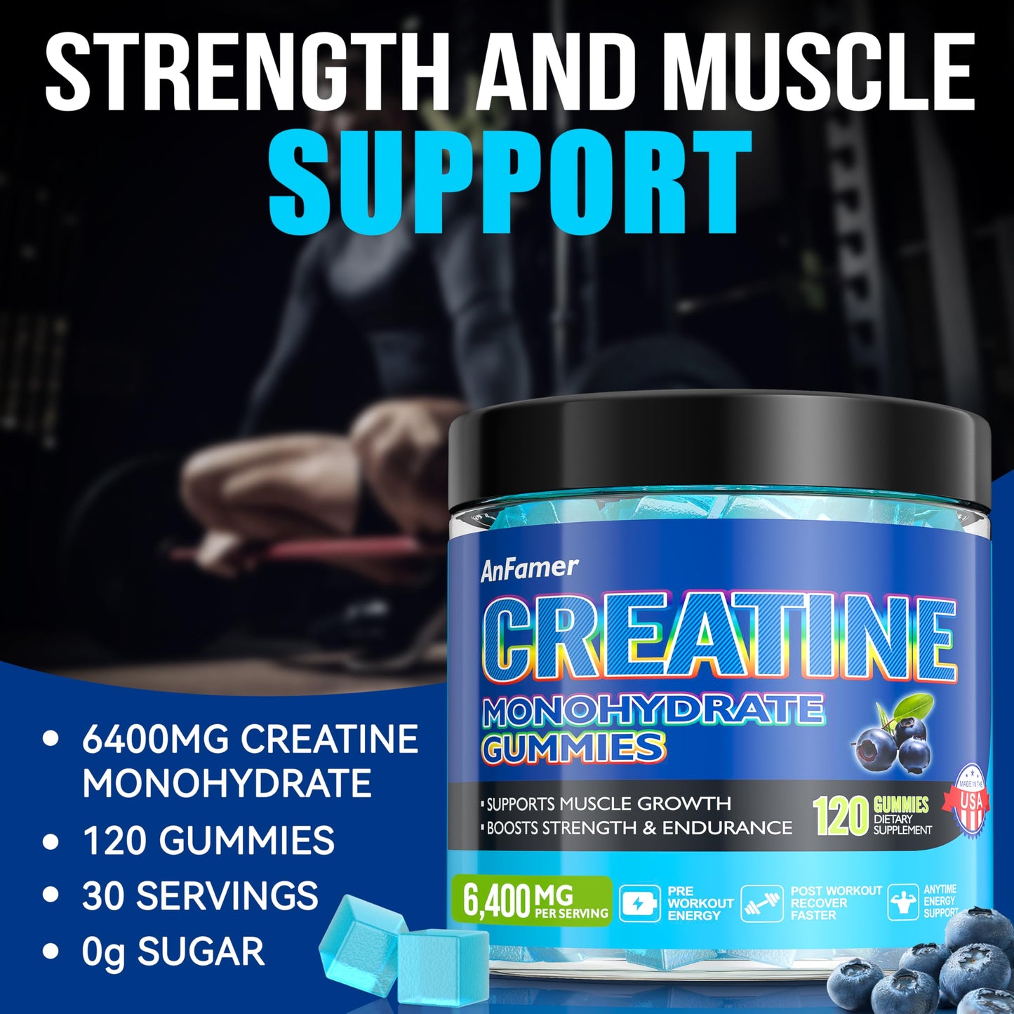 Creatine Monohydrate Gummies for Men & Women, Increase Strength and Build Muscle, Energy & Booty Gain, Preworkout Supplement, Sugar Free, Vegan, Chewables Blueberry Flavor-120 Count