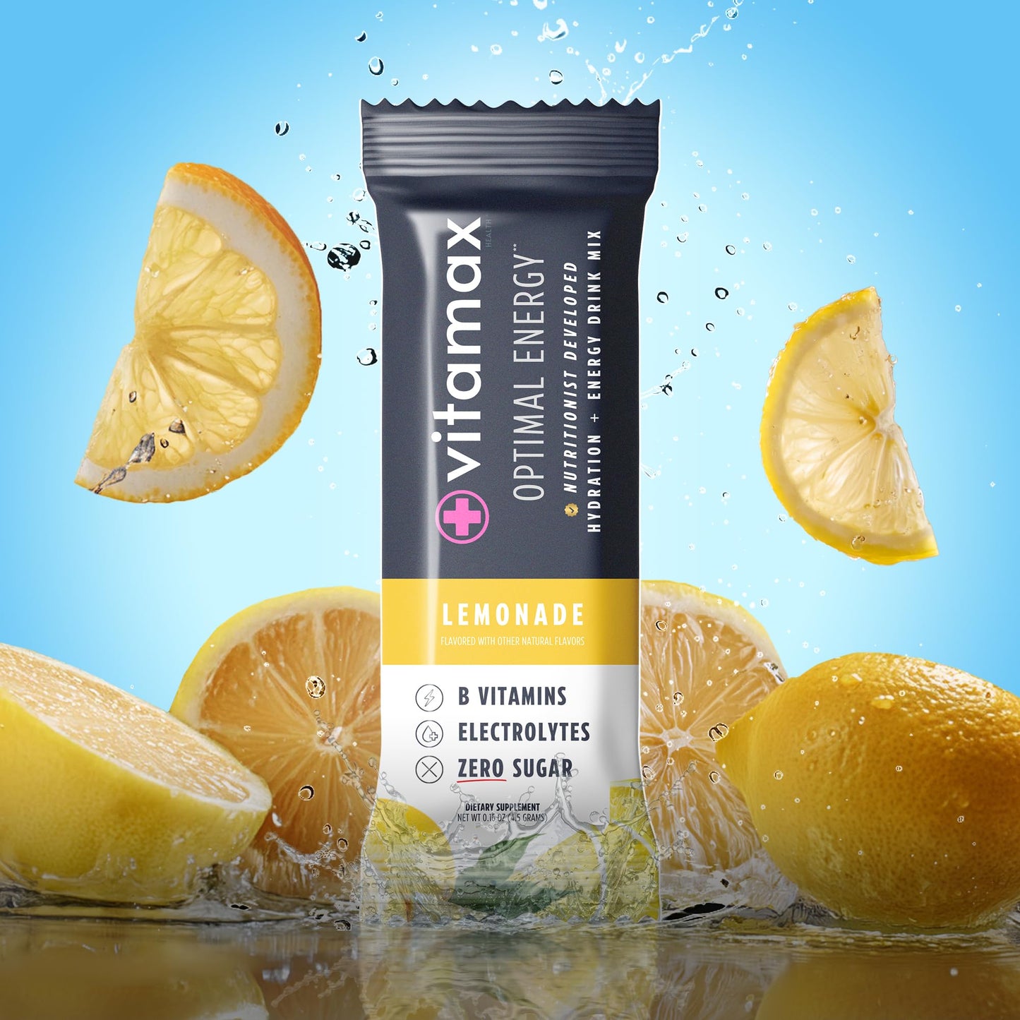 Vitamax Health Optimal Energy - Lemonade - Sugar Free Hydration Recovery Powder Stick Packs | B Vitamin Complex Electrolyte Drink Mix | Easy Open Single-Serving | Non-GMO | 30 Servings