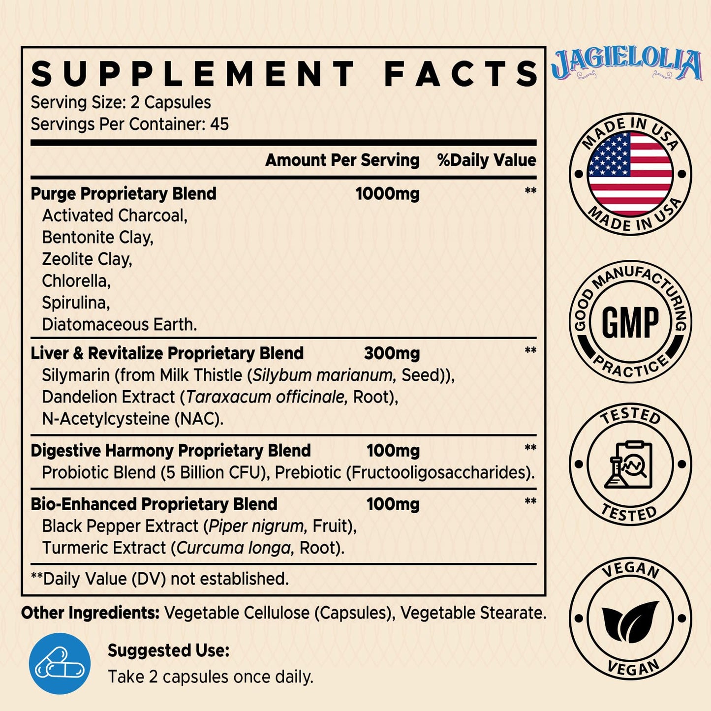 Jagielolia All-in-One Detox Binder Supplement 1500 MG - High Bioavailability, Liver Gut Detox Cleanse with Activated Charcoal, Zeolite & Bentonite Clay for Toxins, Liver, Digestive, 90 Vegan Capsules