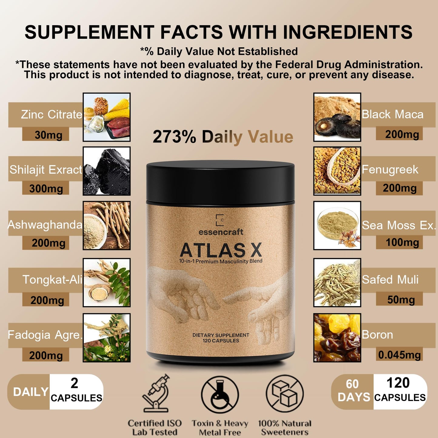 ATLAS X 10-in-1 Masculinity Maximiser Supplement for Men - Energy, Strength & Vitality Capsules with Shilajit, Ashwagandha, Zinc, Safed Musli, Tongkat Ali, Black Maca, Fadogia Agrestis, 2 Month Supply
