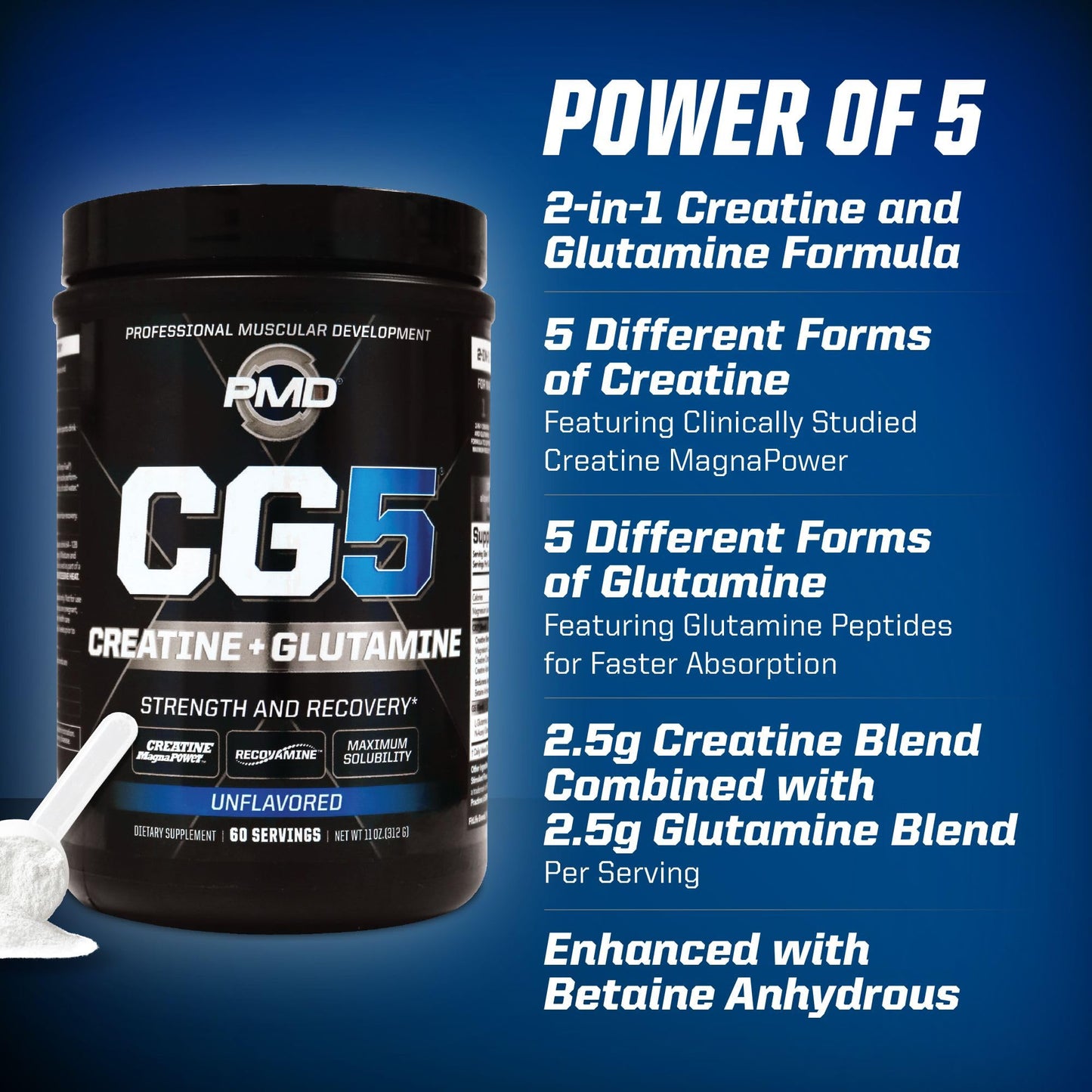 PMD Sports CG5 Premium Creatine & L Glutamine Powder, Power Recovery, Build Lean Muscle, Increase Workout Performance, Maximum Strength Pre Workout & Post Workout, Unflavored, 60 Servings