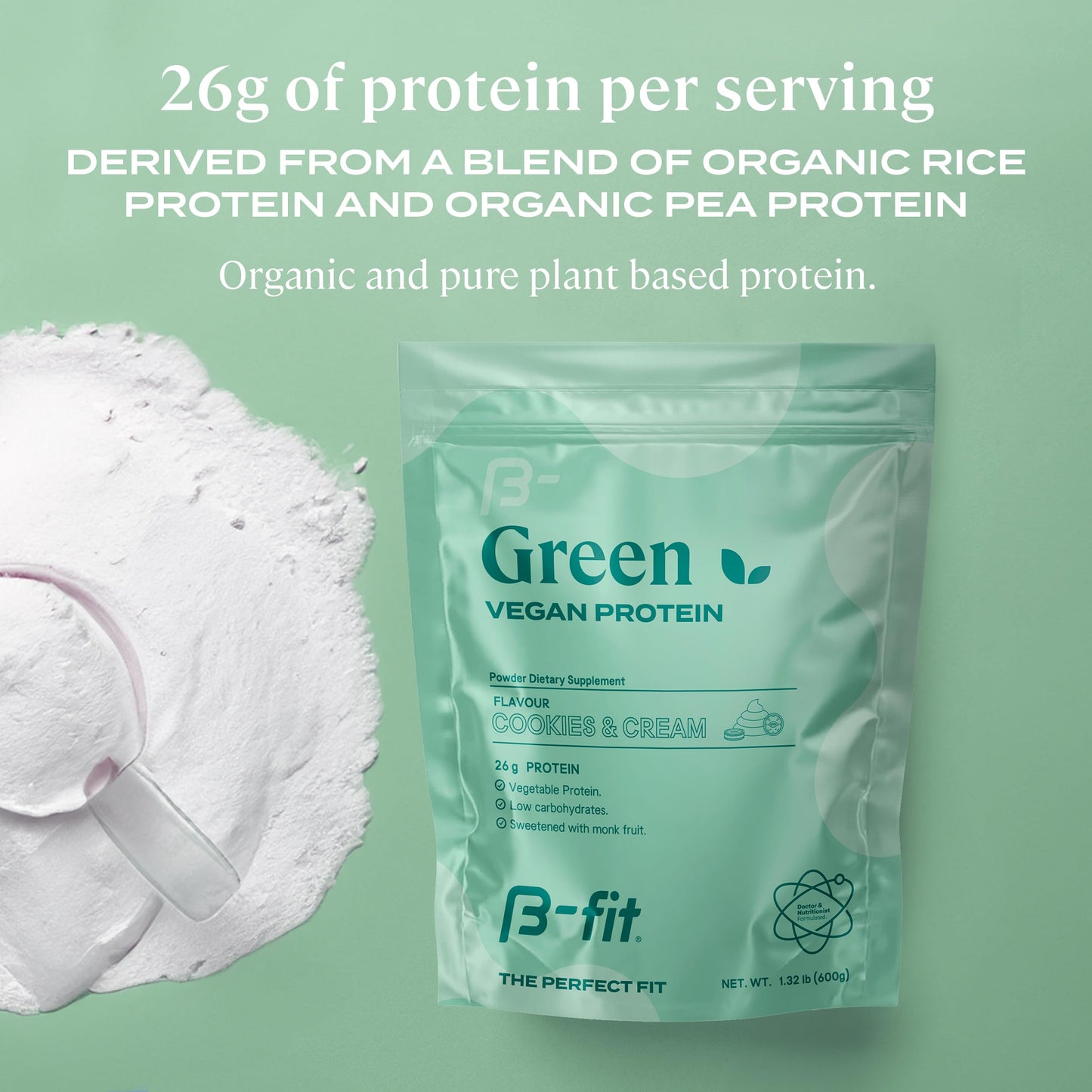 B-FIT B Vegan Pea Protein Powder 600g - Plant Based Protein Shake - Cookies & Cream Flavor - 19 Servings - Sugar-Free & Gluten-Free - 26g of Organic Pure Protein