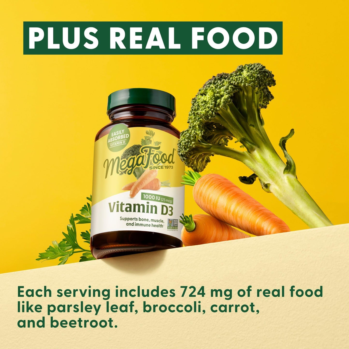MegaFood Vitamin D3 1000 IU (25 mcg) - Vitamin D Supplements with Real Food, Immune Support, Supports Bones, Teeth & Muscles, Vegetarian, Gluten-Free, Non-GMO, Kosher - 90 Tablets, 90 Servings
