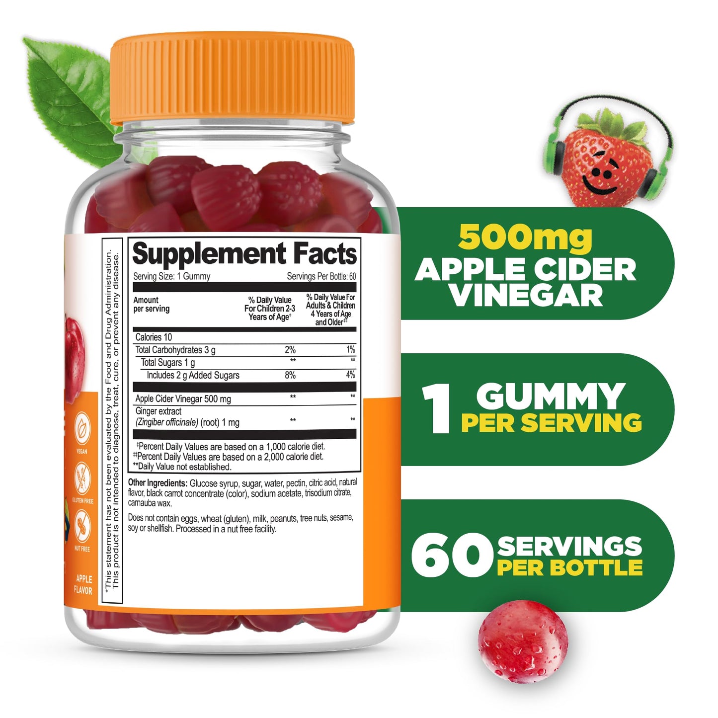 Lifeable Apple Cider Vinegar - for Kids - ACV with The Mother - 500 mg Gummies - Great Tasting Natural Flavor Vitamin Supplement - Gluten Free Vegetarian GMO-Free Chewable - for Children - 60 Gummies