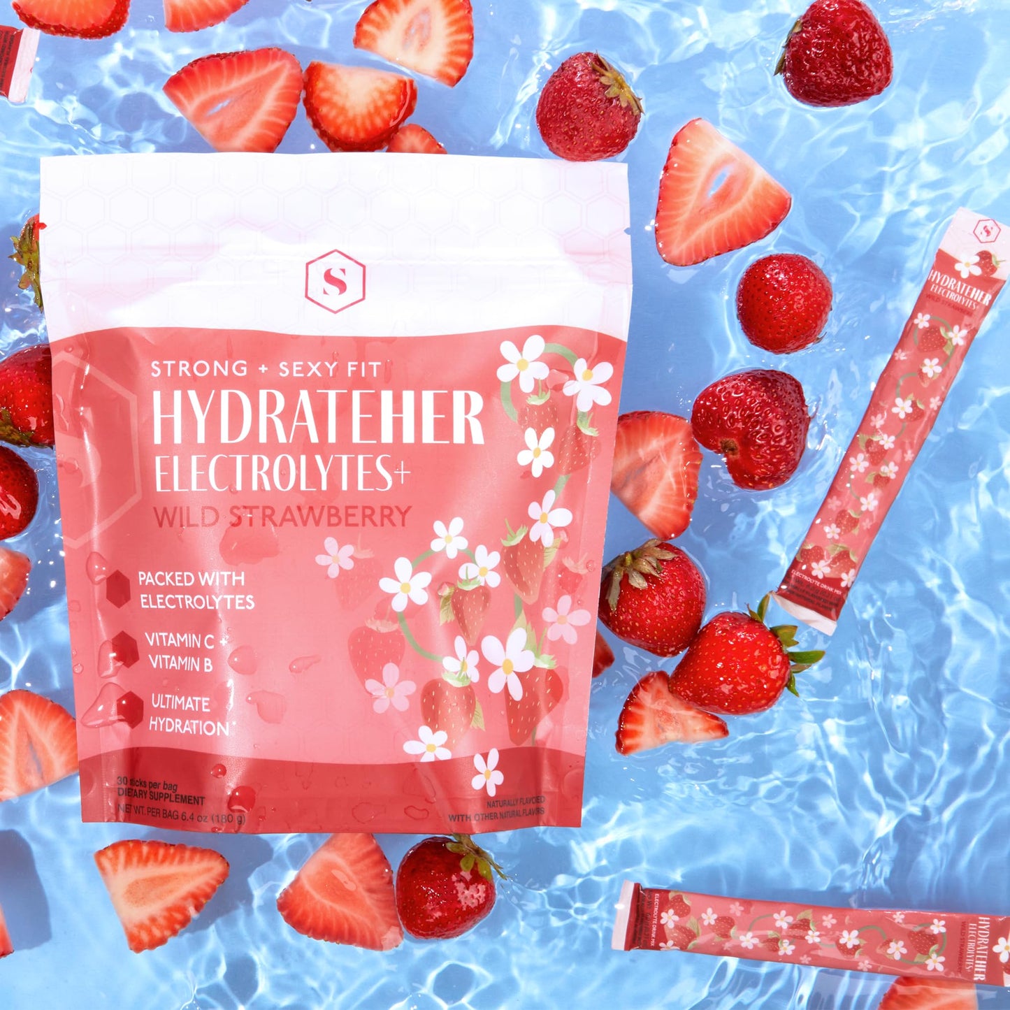 Strong + Sexy Fit HydrateHER Electrolytes+, Electrolyte & Vitamin Powder Drink Mix With Magnesium, Potassium, Vitamin C, B & 500 MG Sodium, On the Go Hydration, Sugar Free, Wild Strawberry, 30 Packets