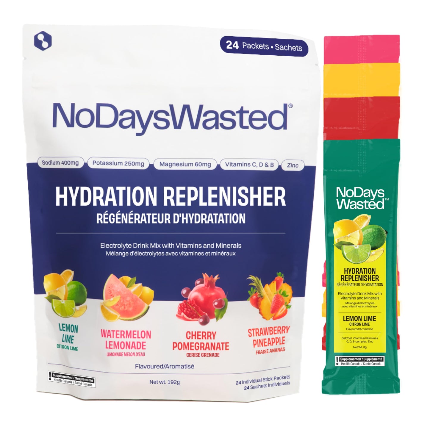 No Days Wasted Hydration Replenisher Electrolyte Replacement Stick Packets| Essential Rapid Hydration & Vitamins | Sodium, Potassium, Magnesium, Vitamins B, C, D, Zinc | 4 Flavor Variety Pack