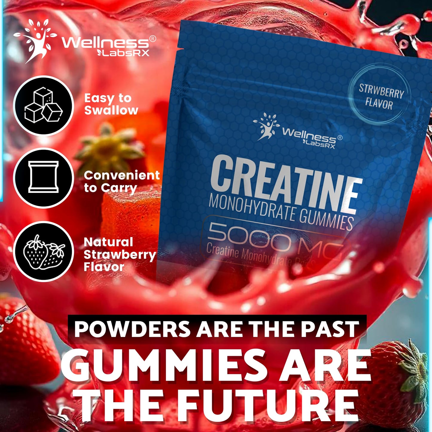 Creatine Gummies 5000mg, 30 Servings Creatine Monohydrate Gummies - Creatine for Women, Strawberry Flavor Creatine for Men, Muscle Growth, Strength, and Recovery, Vegan, Non-GMO, Gluten Free