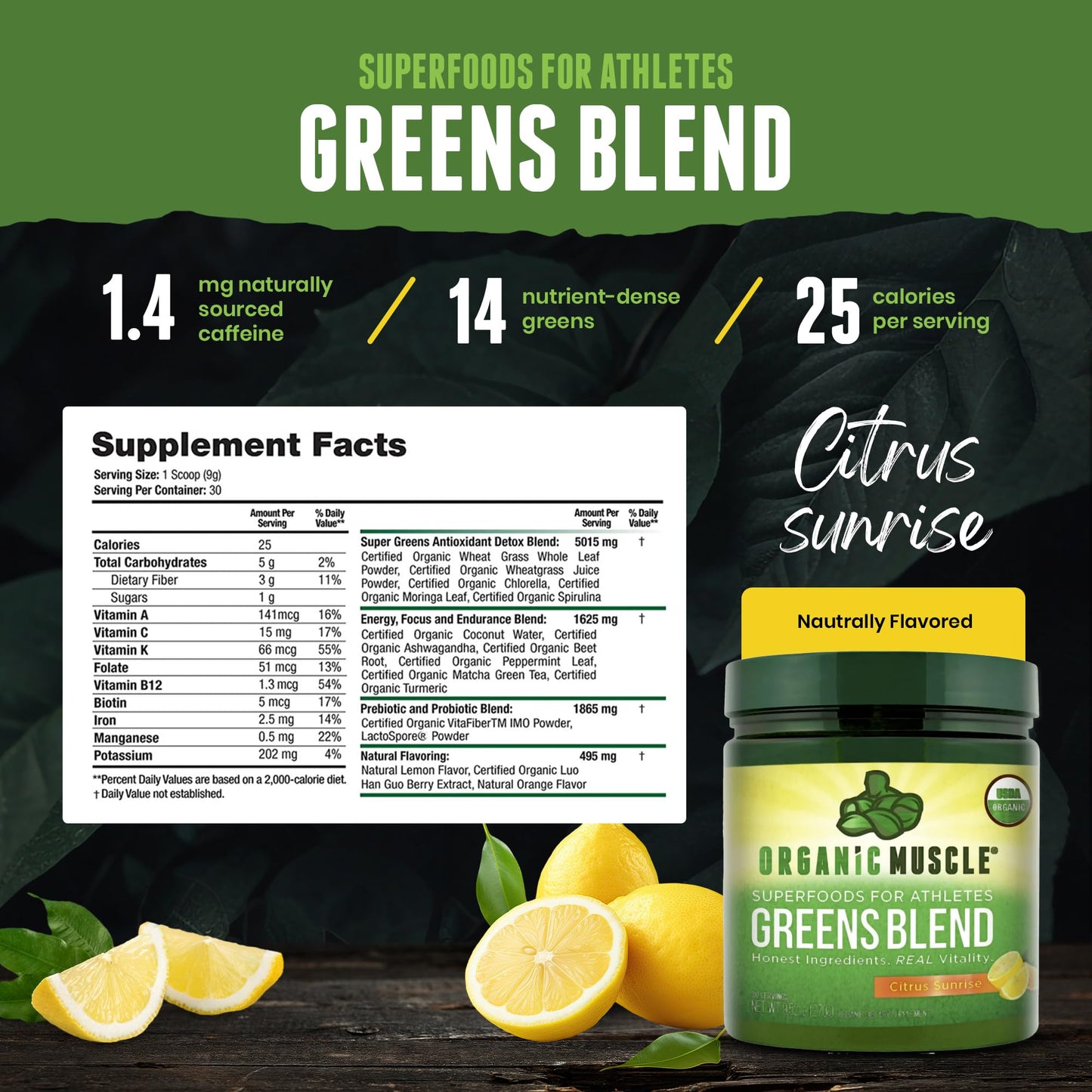 Organic Muscle Super Greens Powder Organic Superfood Powder with Probiotics, Spirulina, Chlorella, and Matcha| Non-GMO, 30 Servings