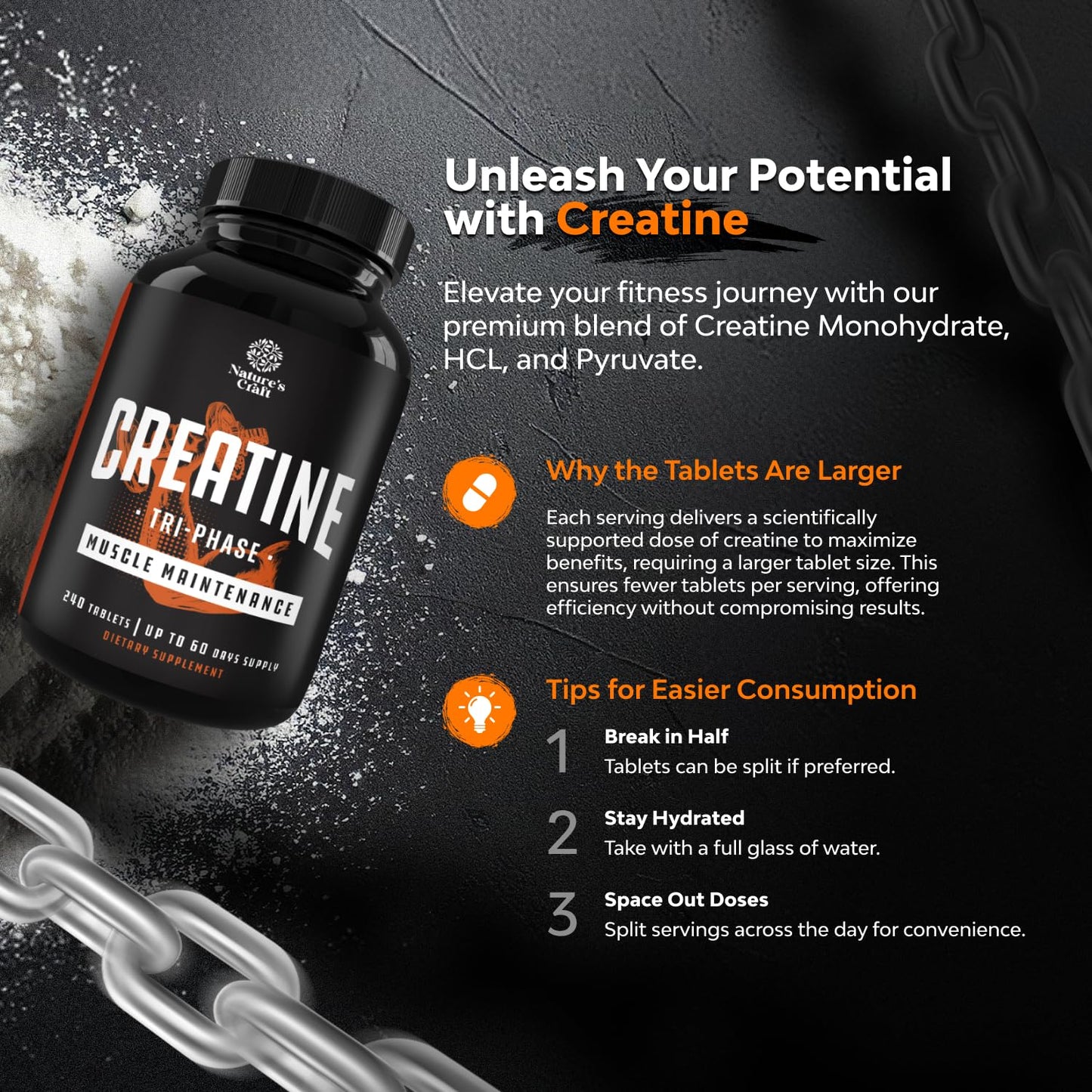 Natures Craft High Strength Tri Phase Creatine Pills - Muscle Mass Gainer and Muscle Recovery Creatine HCL Pyruvate and Monohydrate Pills-Optimal Builder Supplement for Men Women-240ct