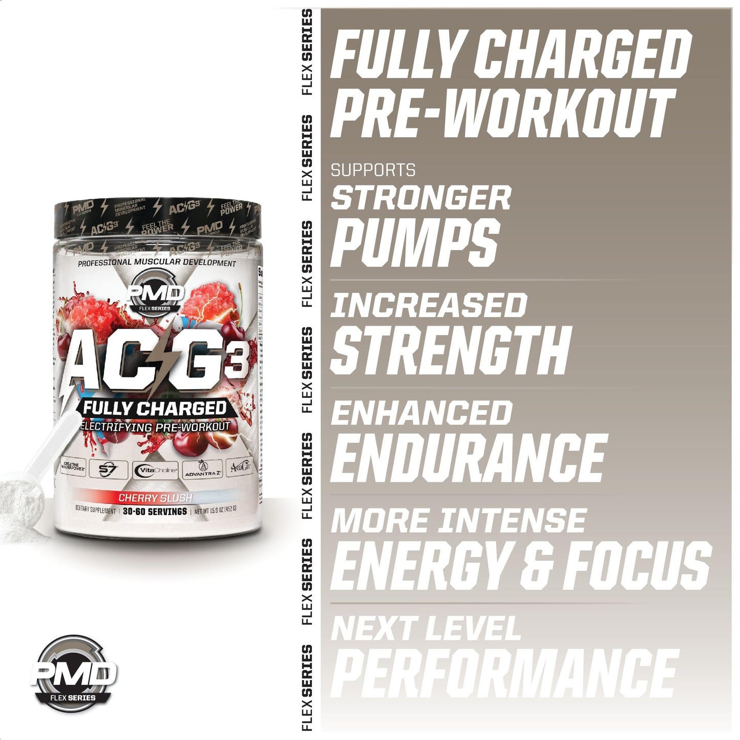 PMD Sports ACG3 Fully Charged - Electrifying Pre Workout Powder - High Energy & Pump Pre Workout for Men and Women to Maximize Focus, Endurance & Performance - Cherry Slush (30-60 Servings)