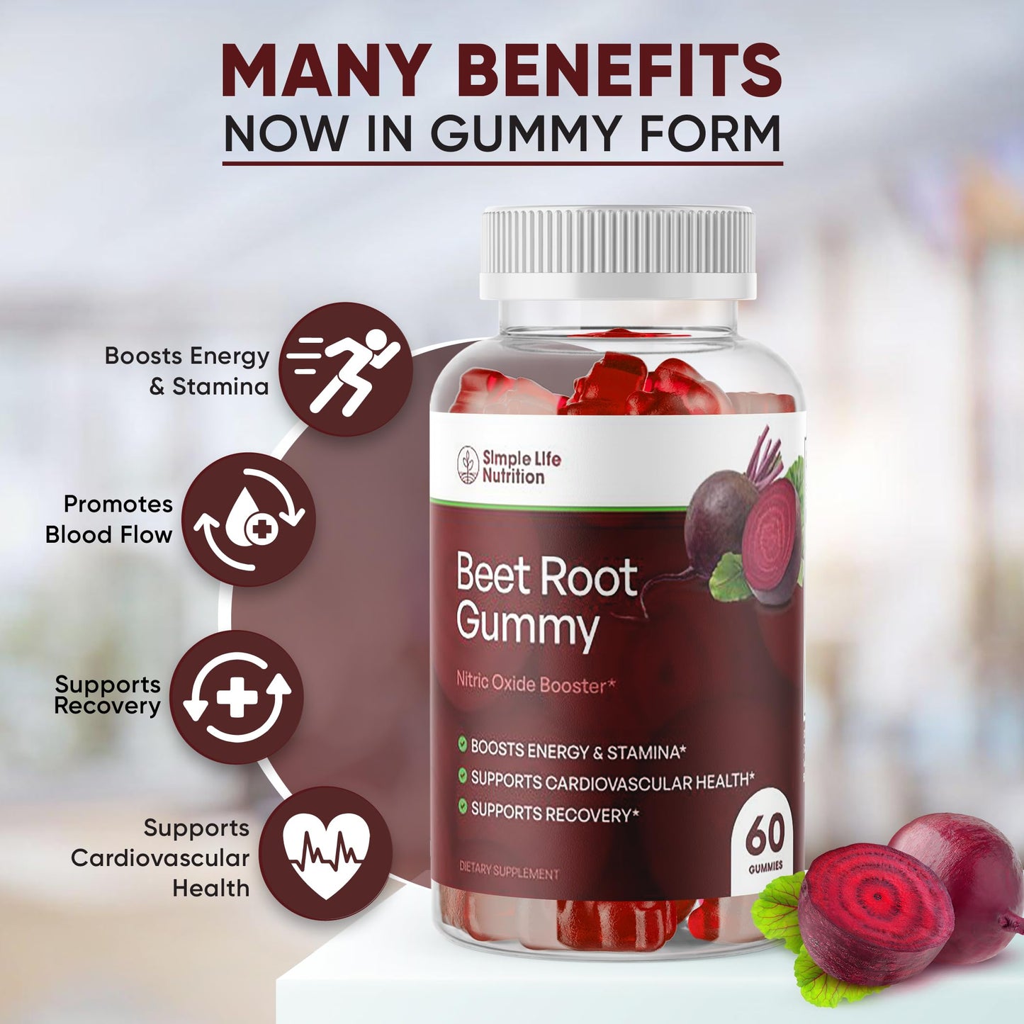 Simple Life Nutrition Organic Beet Root Gummies - Nitric Oxide Booster for Men & Women - Organic Non-GMO Gluten Free Vegan Beets - 60CT
