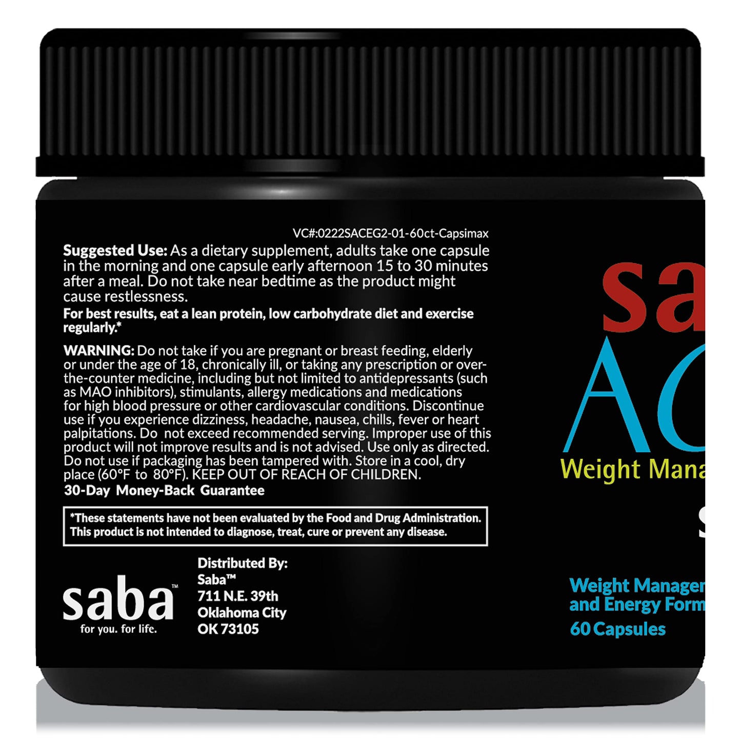 Saba ACE G2- Thermogenic Energy Burn, Pre Workout, Metabolism, Focus, Concentration, with Capsimax, CarnoSyn, BioPerine, Green Tea Leaf Extract, for Men & Women -60 Capsules