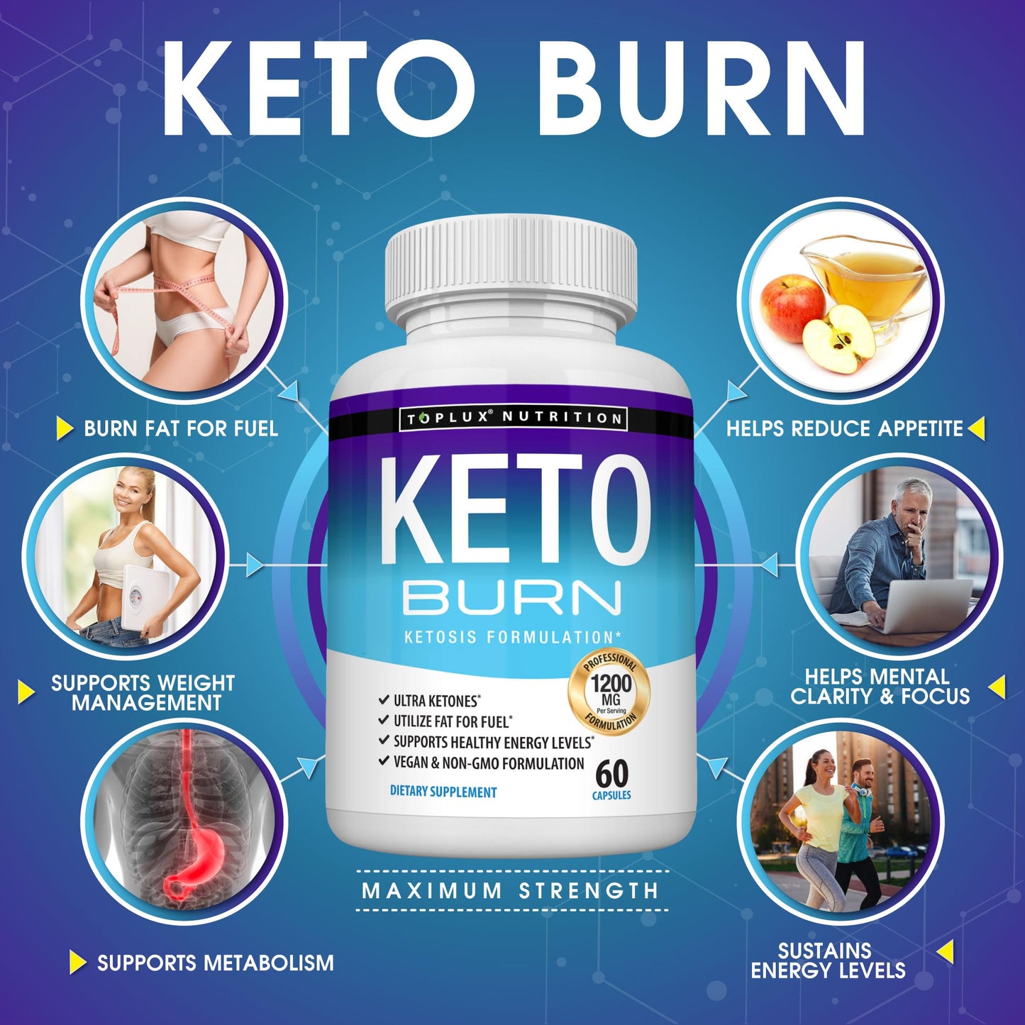 Toplux Keto Burn Pills Ketosis Weight Loss - 1200 Mg Ultra Advanced Natural Ketogenic Fat Burner Using Ketone Diet for Men Women 60 Capsules Supplement