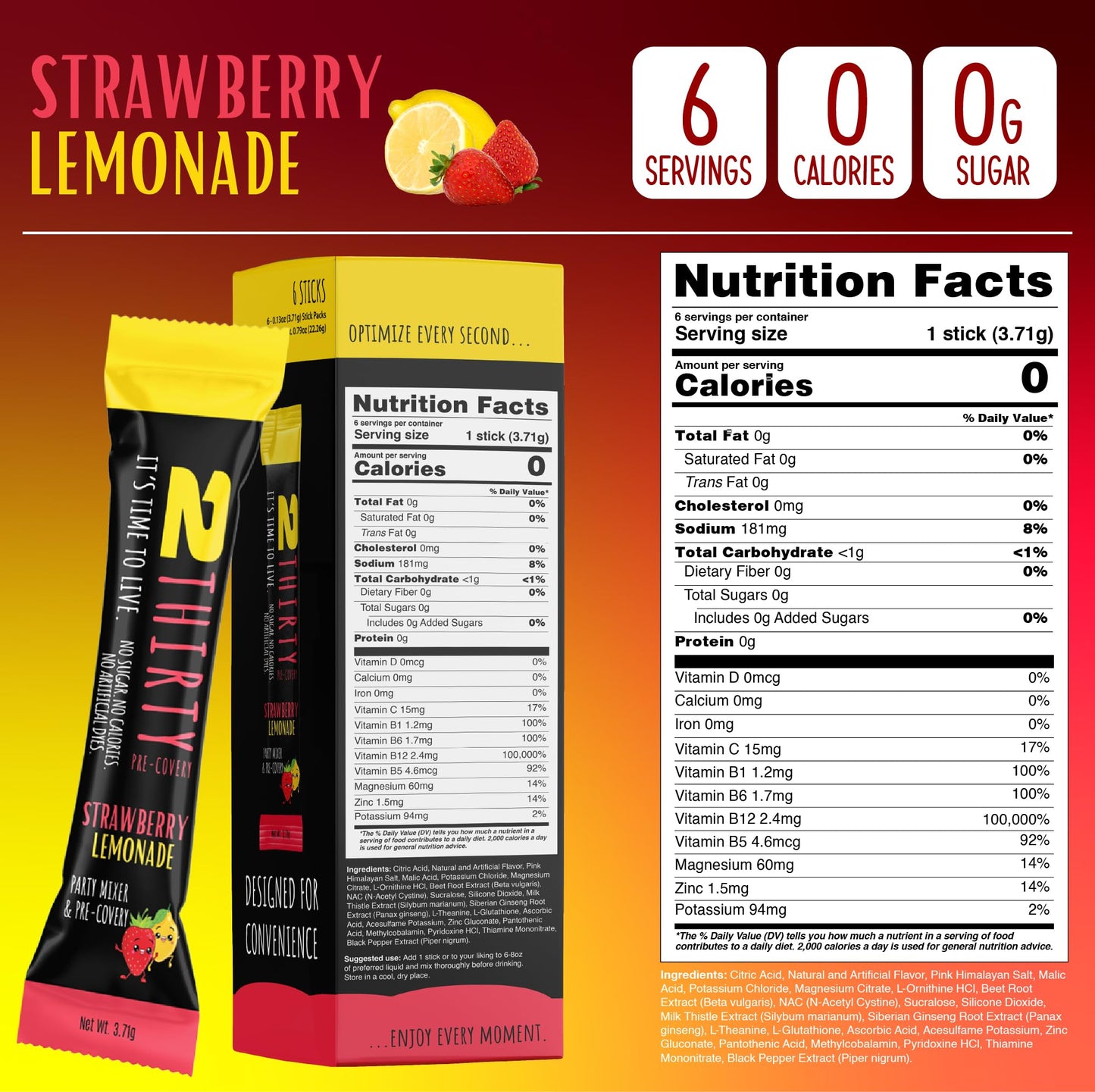 2THIRTY Hydration & Precovery Mixer | No Sugar, Zero Calories | Electrolyte Powder Packets + Vitamin B12, Aminos & Natural Herbs (6 Pack, Strawberry Lemonade)
