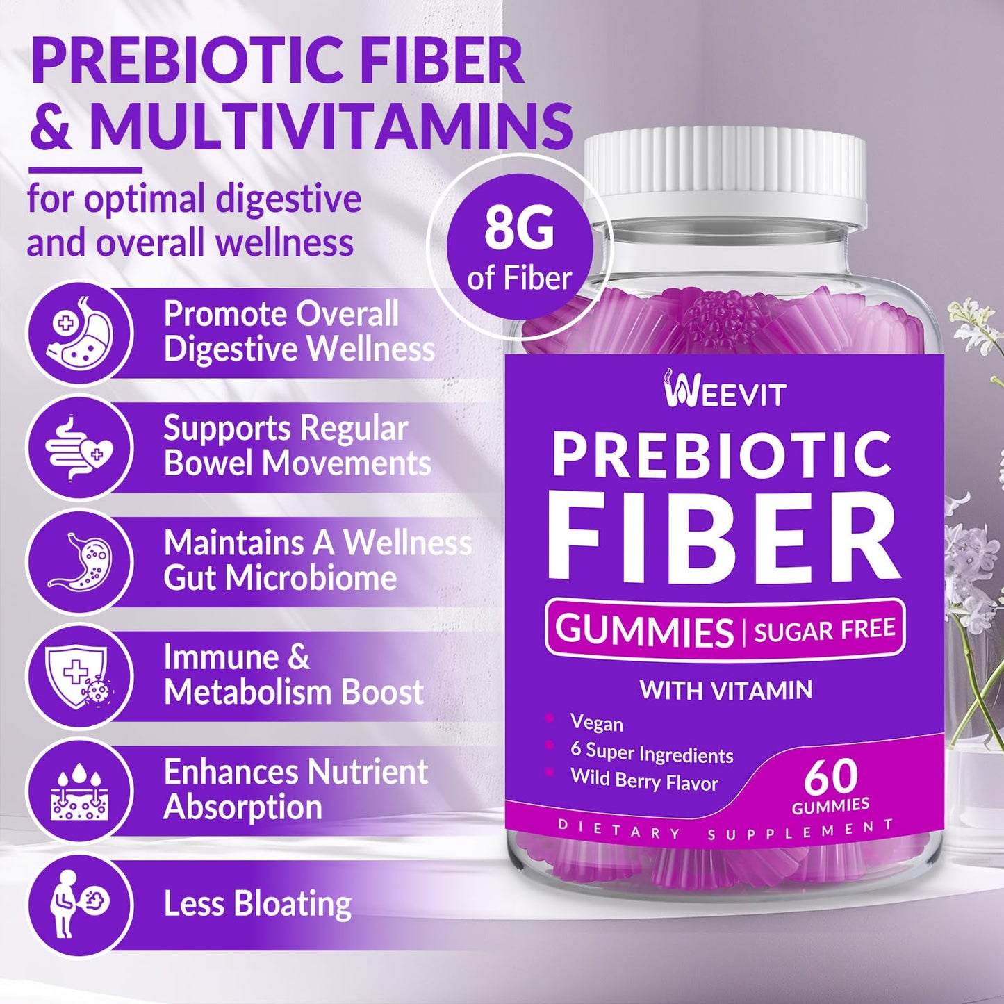 WEEVIT Prebiotic Fiber Gummies for Adults - Zero Sugar Added- 8g Fiber Supplement with Prebiotic Digestive Blend for Fulfill, Metabolism, Gut & Digestive