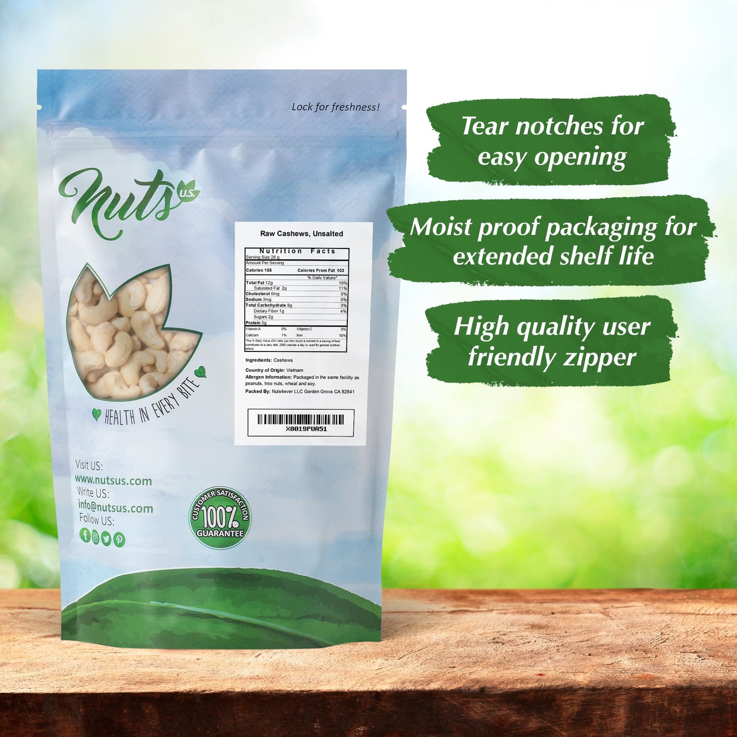 NUTS US  Cashews  Raw and Unsalted  Whole Kernels and No Shell  Fresh  Unroasted  Natural Bulk Cashews  2 LBS