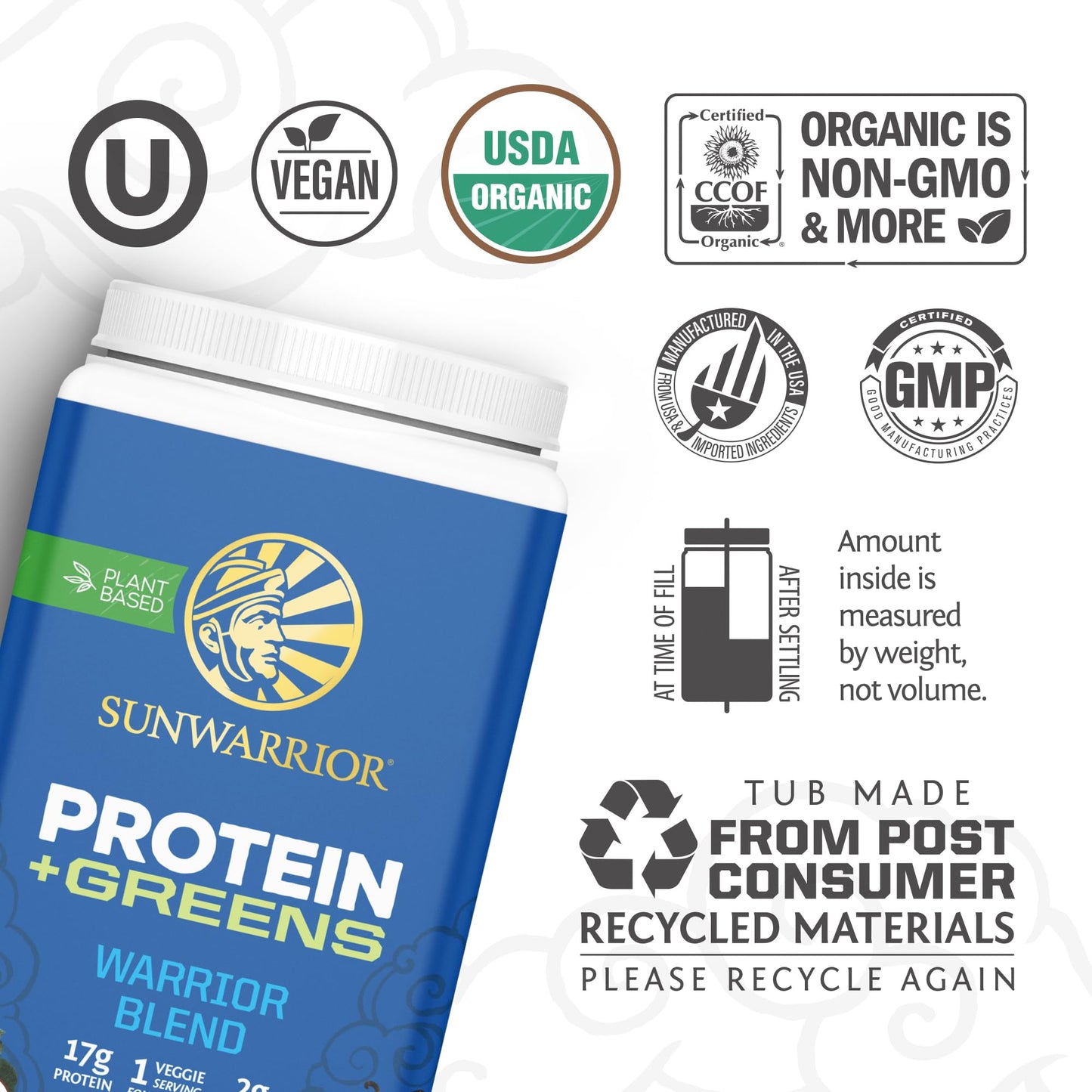 Sunwarrior Warrior Blend Protein Greens Powder Drink Mix | BCAA Plant Based Organic Hemp Seed Vegan Gluten Free Non-GMO Low Carb Protein Powder | Unflavored 750 G 30 SRV
