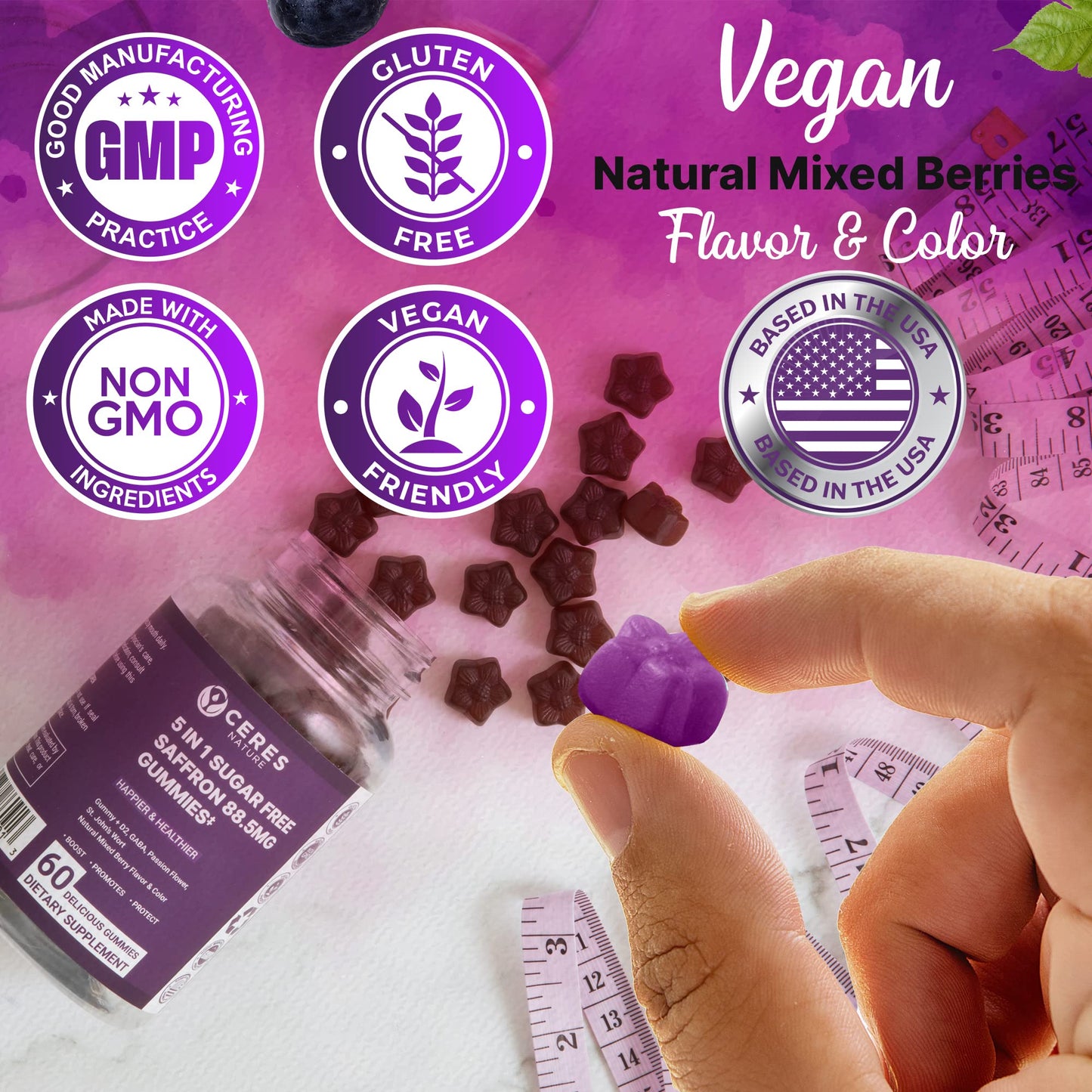 Premium Saffron Extract 88.5mg** Gummy - Appetite Control, Eye Support, Boost Energy & Heart Health NON-GMO - Gluten Free - Vegan Friendly- Sugar-Free Antioxidant Boost - Premium Quality - 60 Gummies